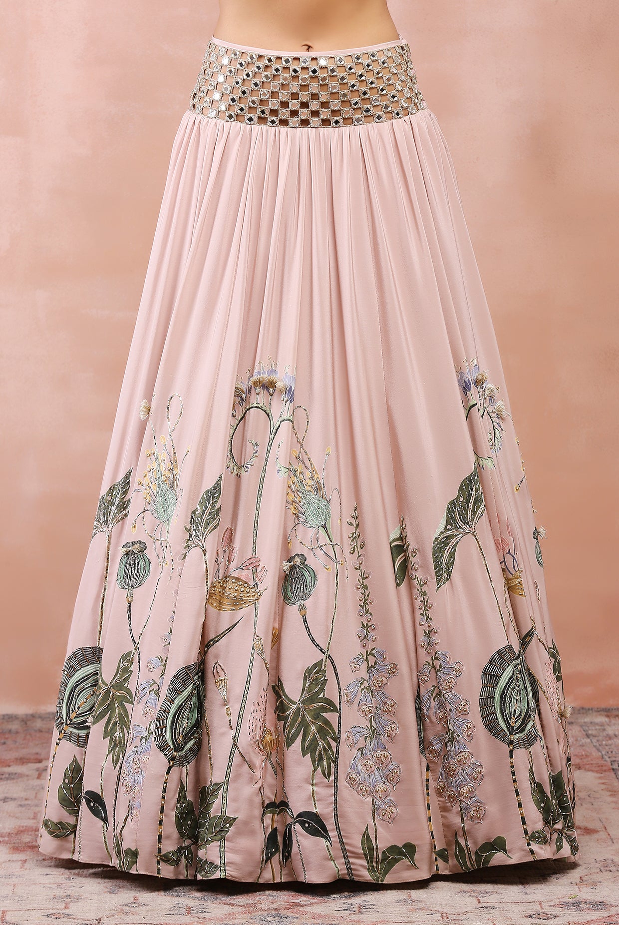 ROSE PINK NILOUFAR PRINT EMBROIDERED CHOLI WITH LEHENGA AND DUPATTA