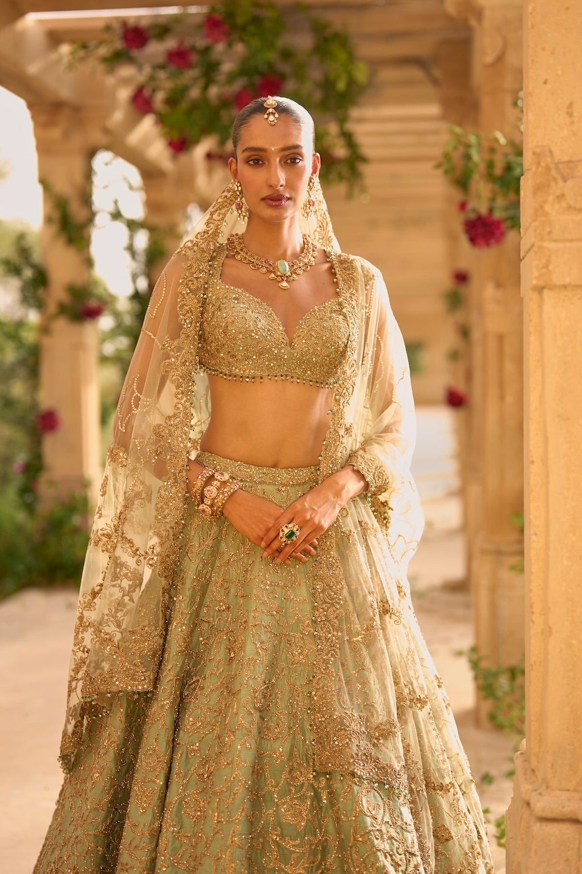 Sage Green Applique Work Lehenga Set