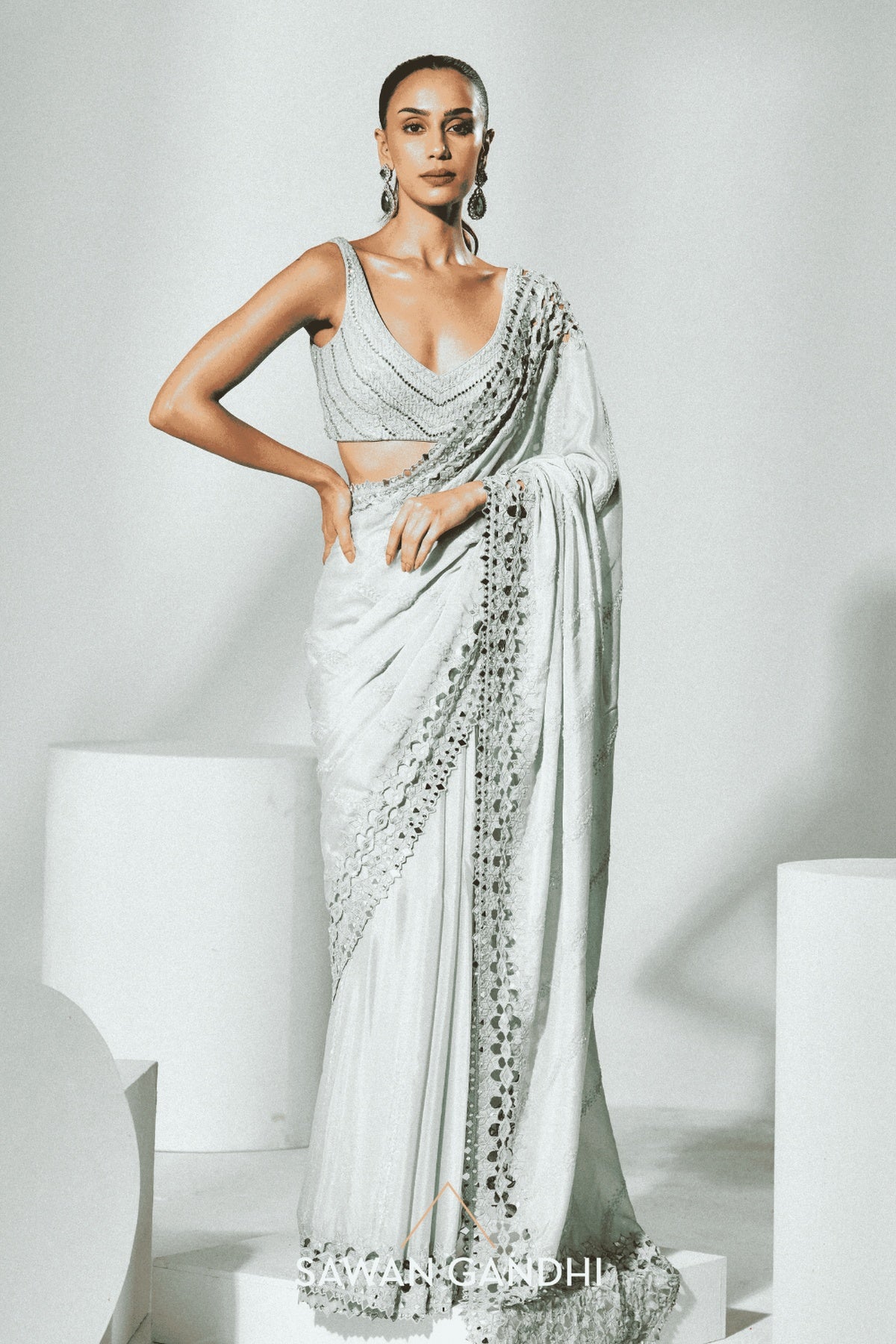 Sage green cutwork saree