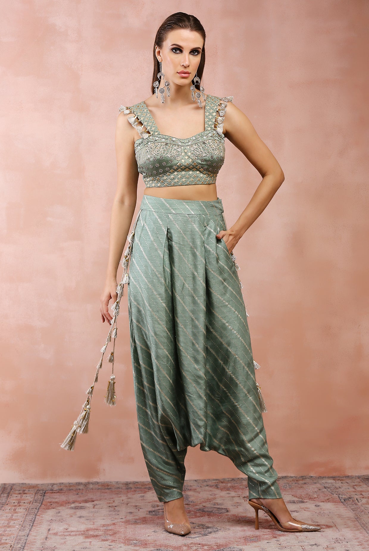 SAGE GREEN EMBROIDERED CORSET TOP WITH LOWCROTCH PANT