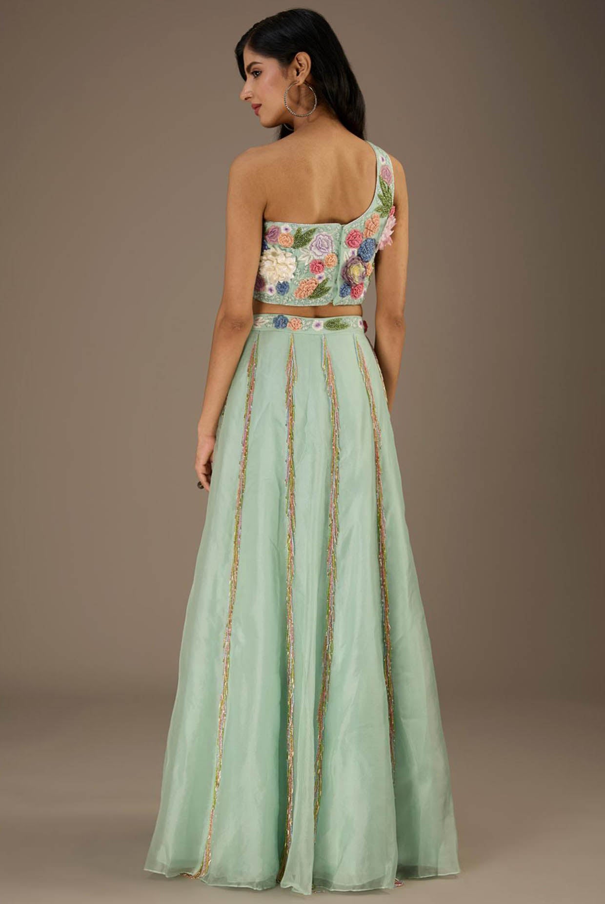 Seafoam Embroidred One Shoulder Choli With Embroidred Belt Lehenga With Dupatta