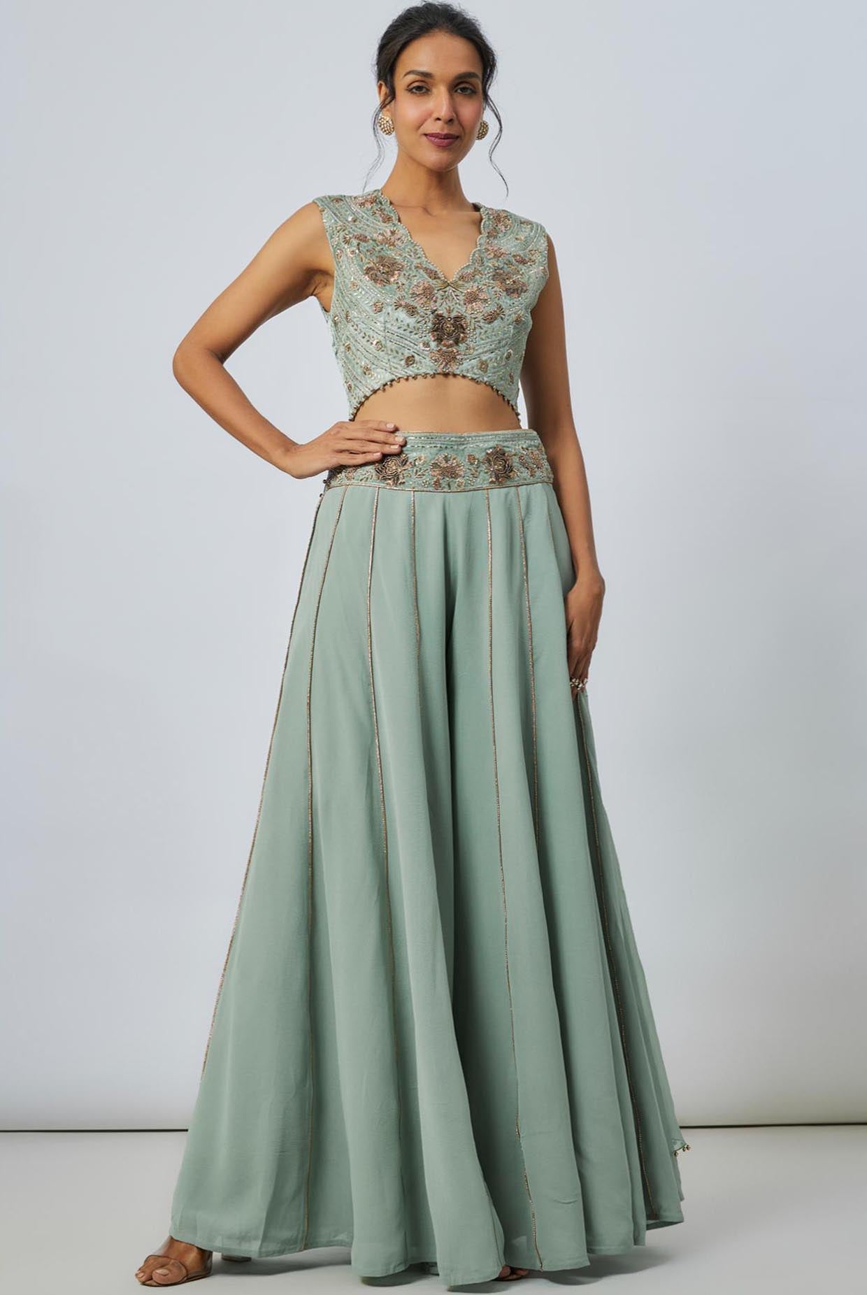 Seafoam High Low Embroidered Choli With Embroidered Sharara