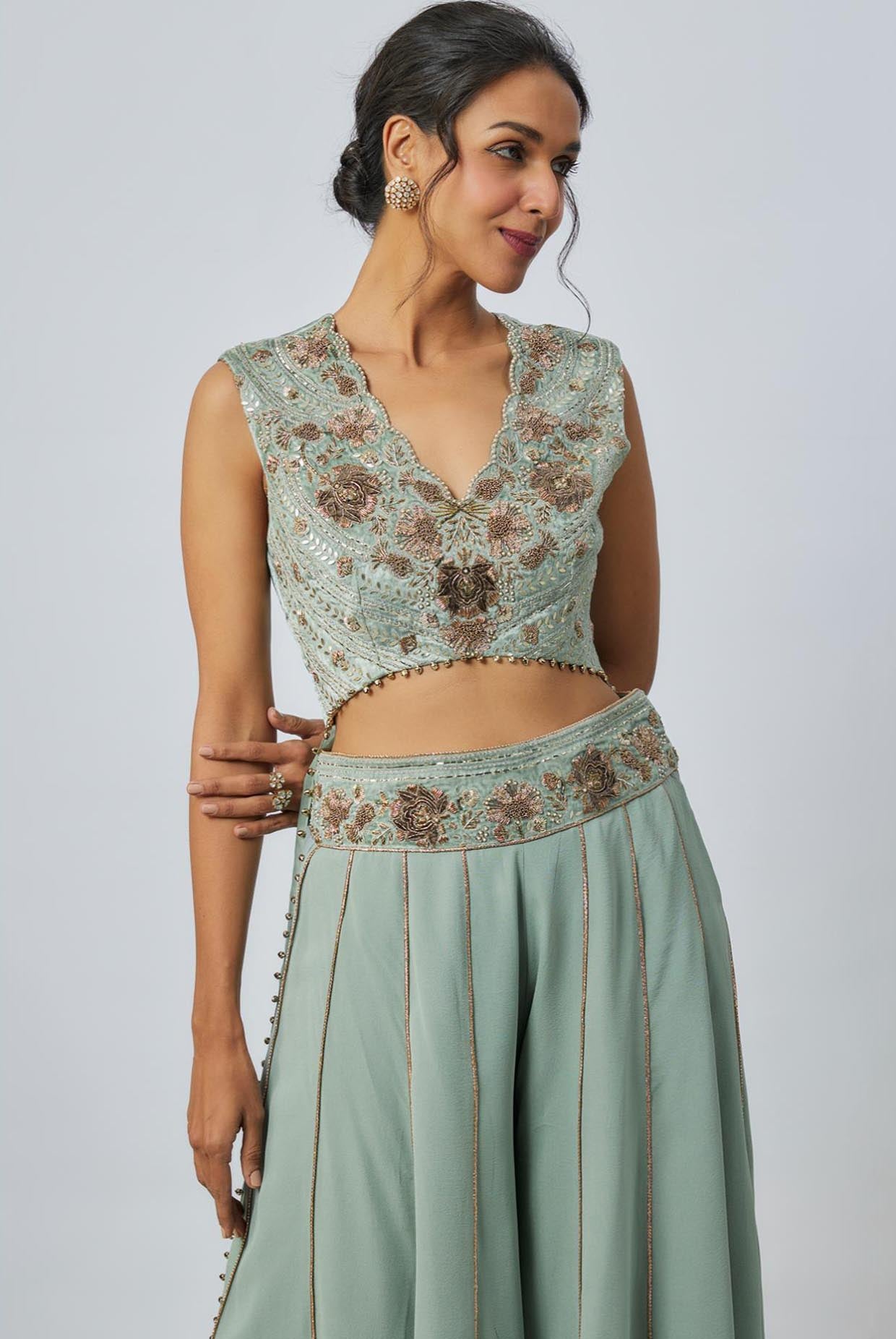 Seafoam High Low Embroidered Choli With Embroidered Sharara