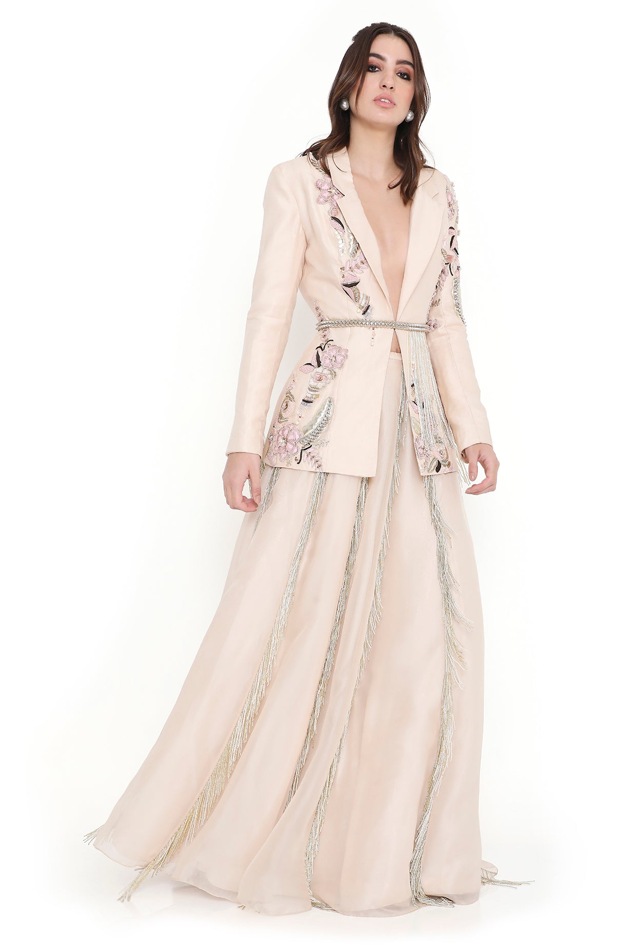 Sera Stone Embroidered Jacket And Lehenga With Hanging Tassels And Embroidered Leather Belt