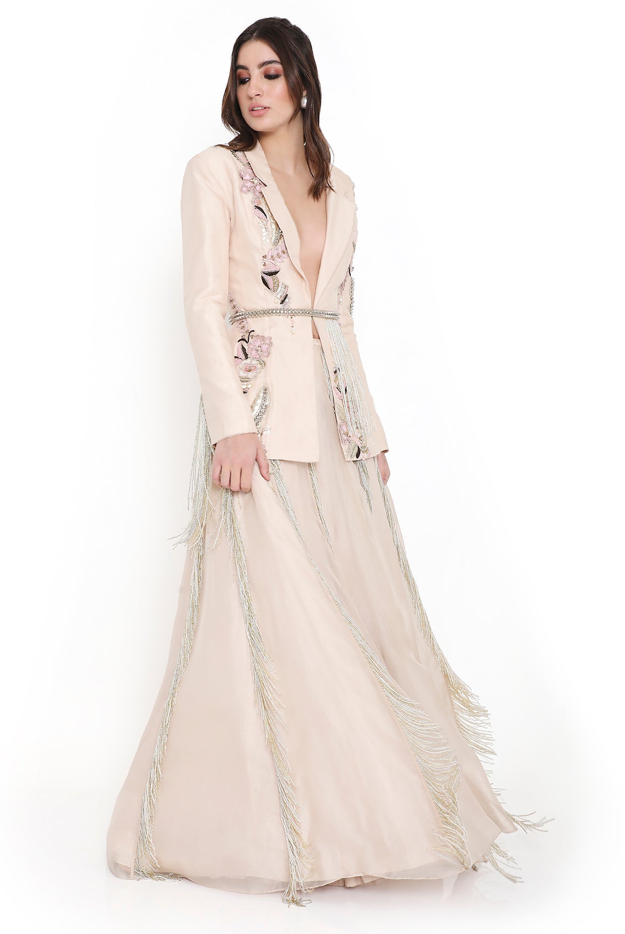 Sera Stone Embroidered Jacket And Lehenga With Hanging Tassels And Embroidered Leather Belt