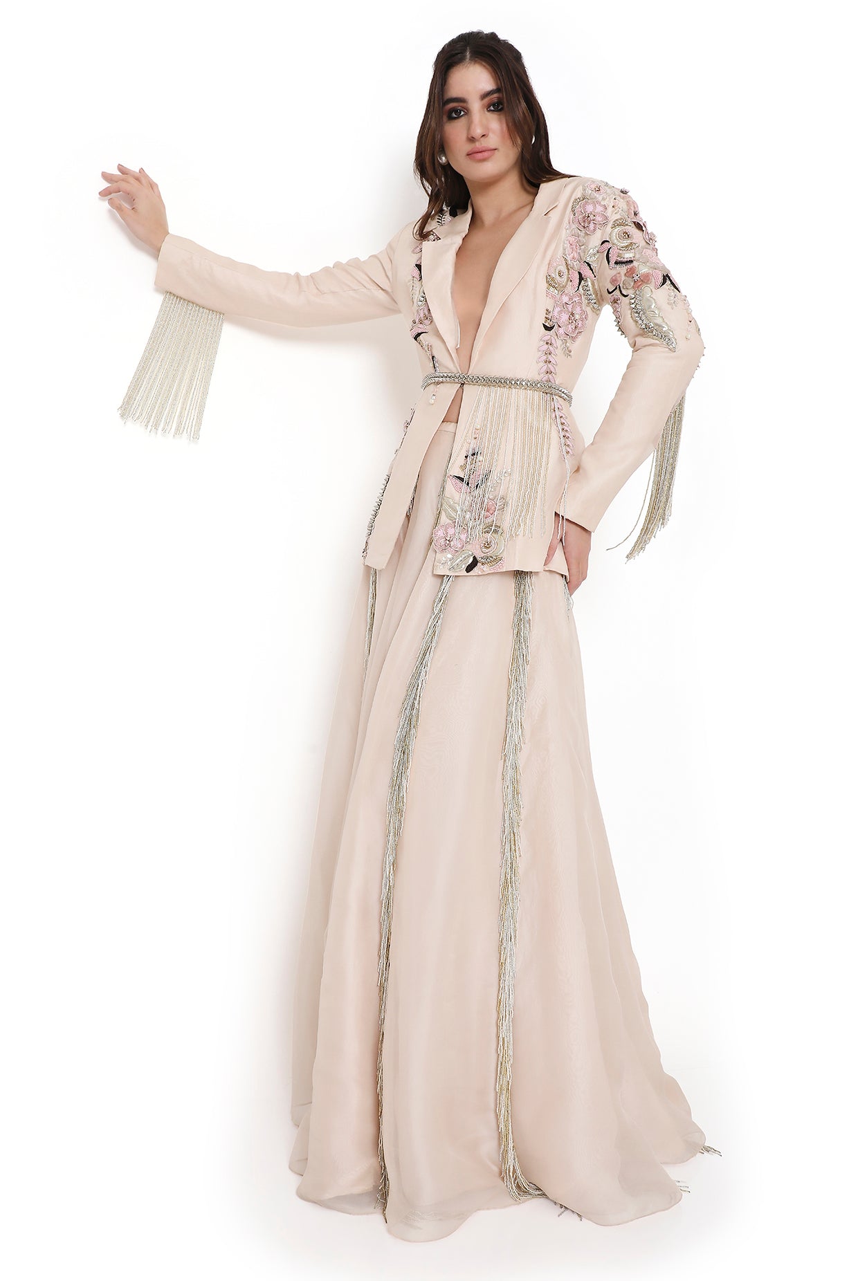 Sera Stone Embroidered Jacket And Lehenga With Hanging Tassels And Embroidered Leather Belt