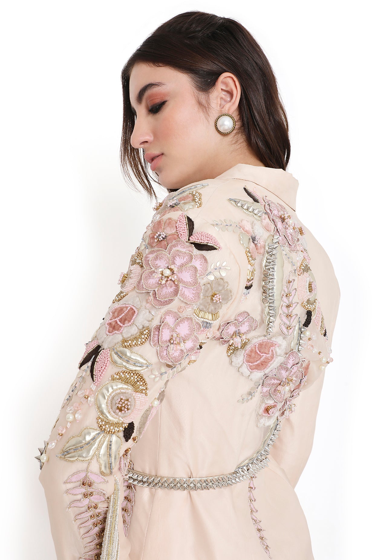 Sera Stone Embroidered Jacket And Lehenga With Hanging Tassels And Embroidered Leather Belt