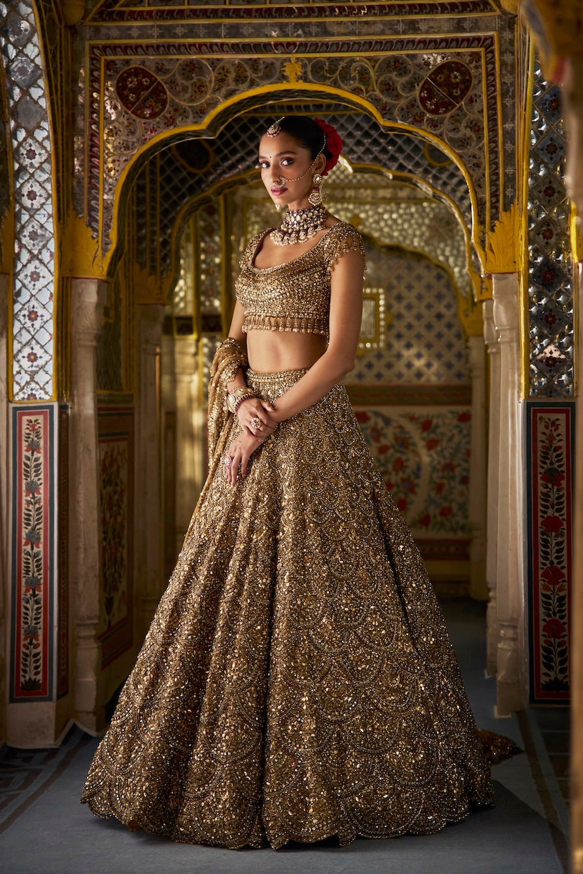 Shobhita Dhulipala in Antique Gold Scalloped Lehenga Set