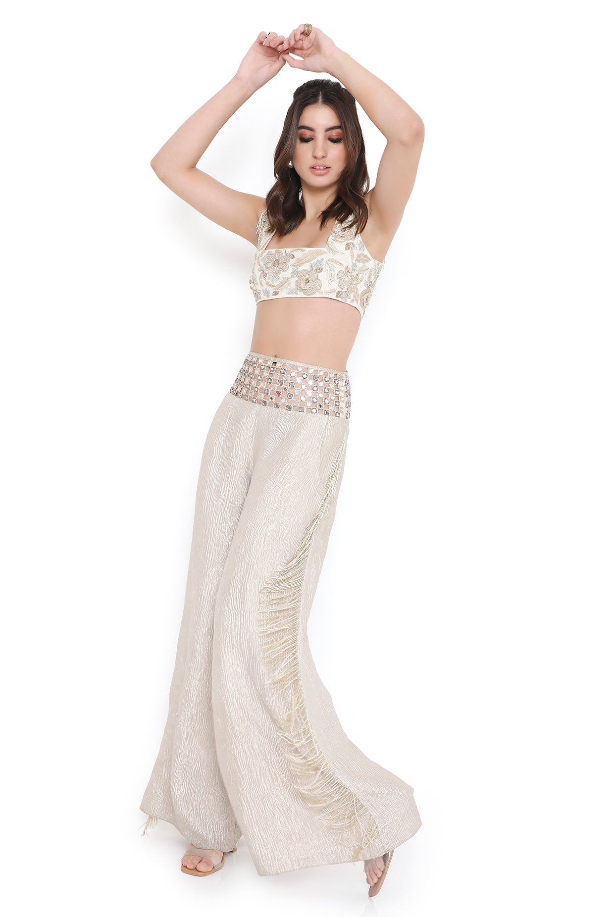 Siesta Off White Embroidered Choli And Pant With Mirror Belt