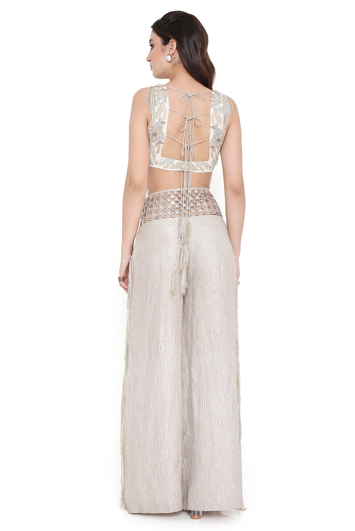 Siesta Off White Embroidered Choli And Pant With Mirror Belt
