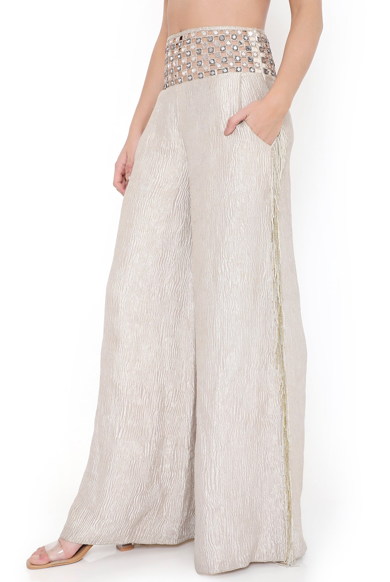 Siesta Off White Embroidered Choli And Pant With Mirror Belt