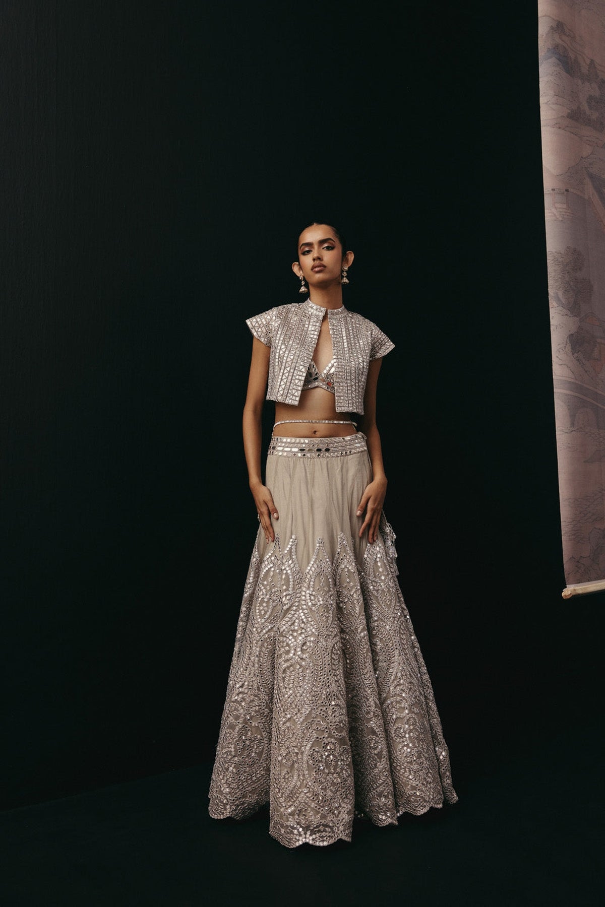 Silver Zari Mirrorwork Lehenga with Cap Sleeves Open Balero Jacket and Bralette