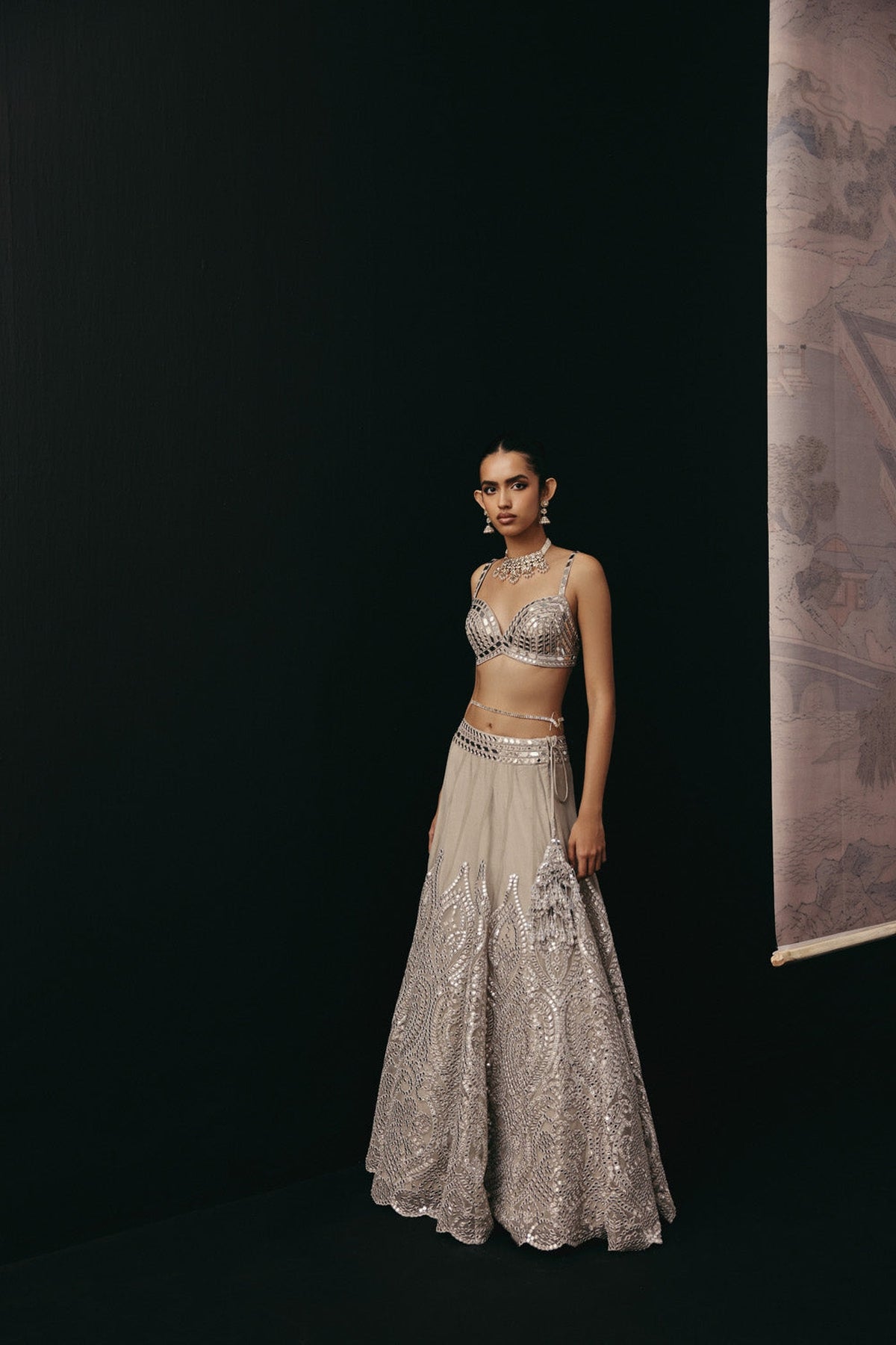 Silver Zari Mirrorwork Lehenga with Cap Sleeves Open Balero Jacket and Bralette