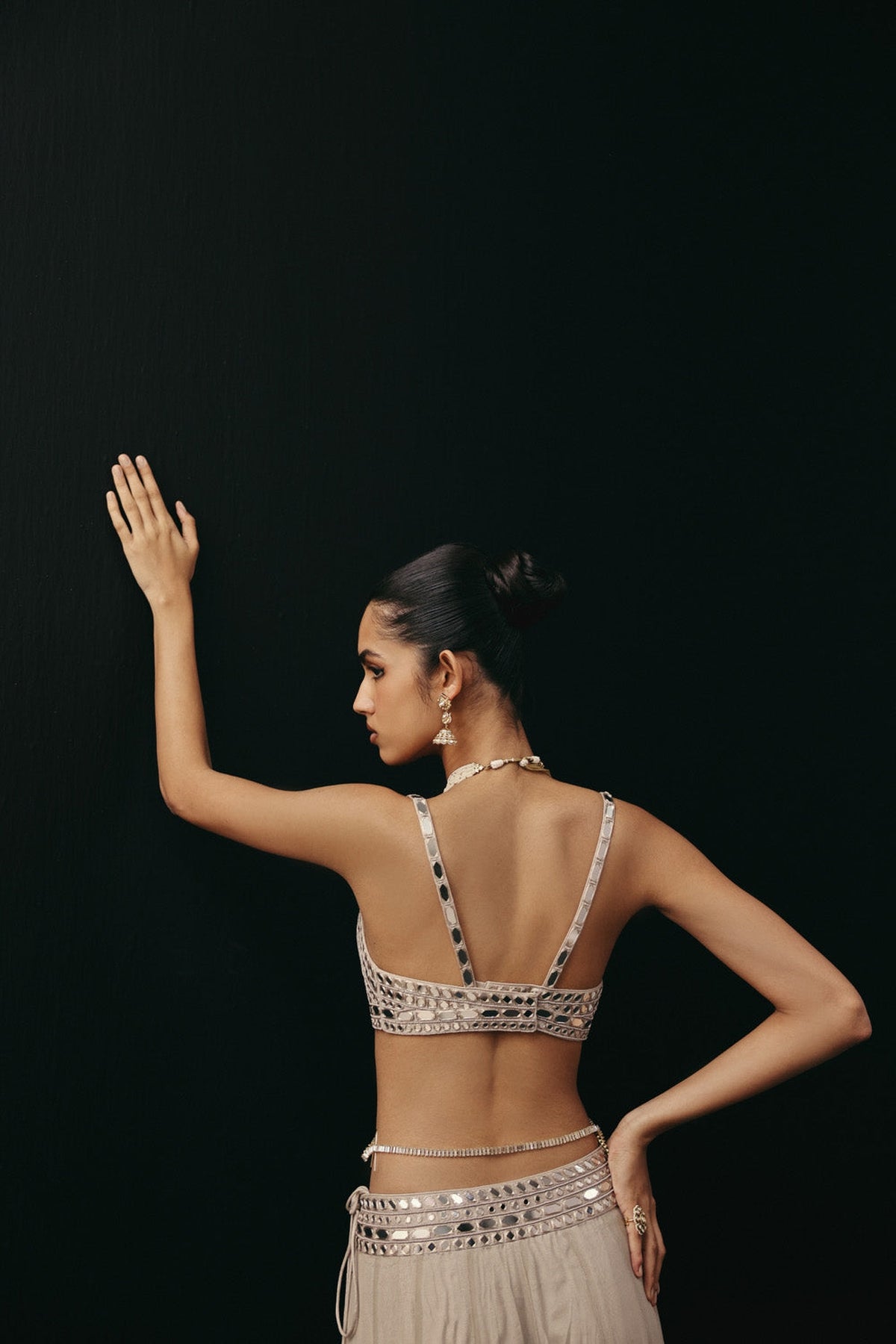 Silver Zari Mirrorwork Lehenga with Cap Sleeves Open Balero Jacket and Bralette