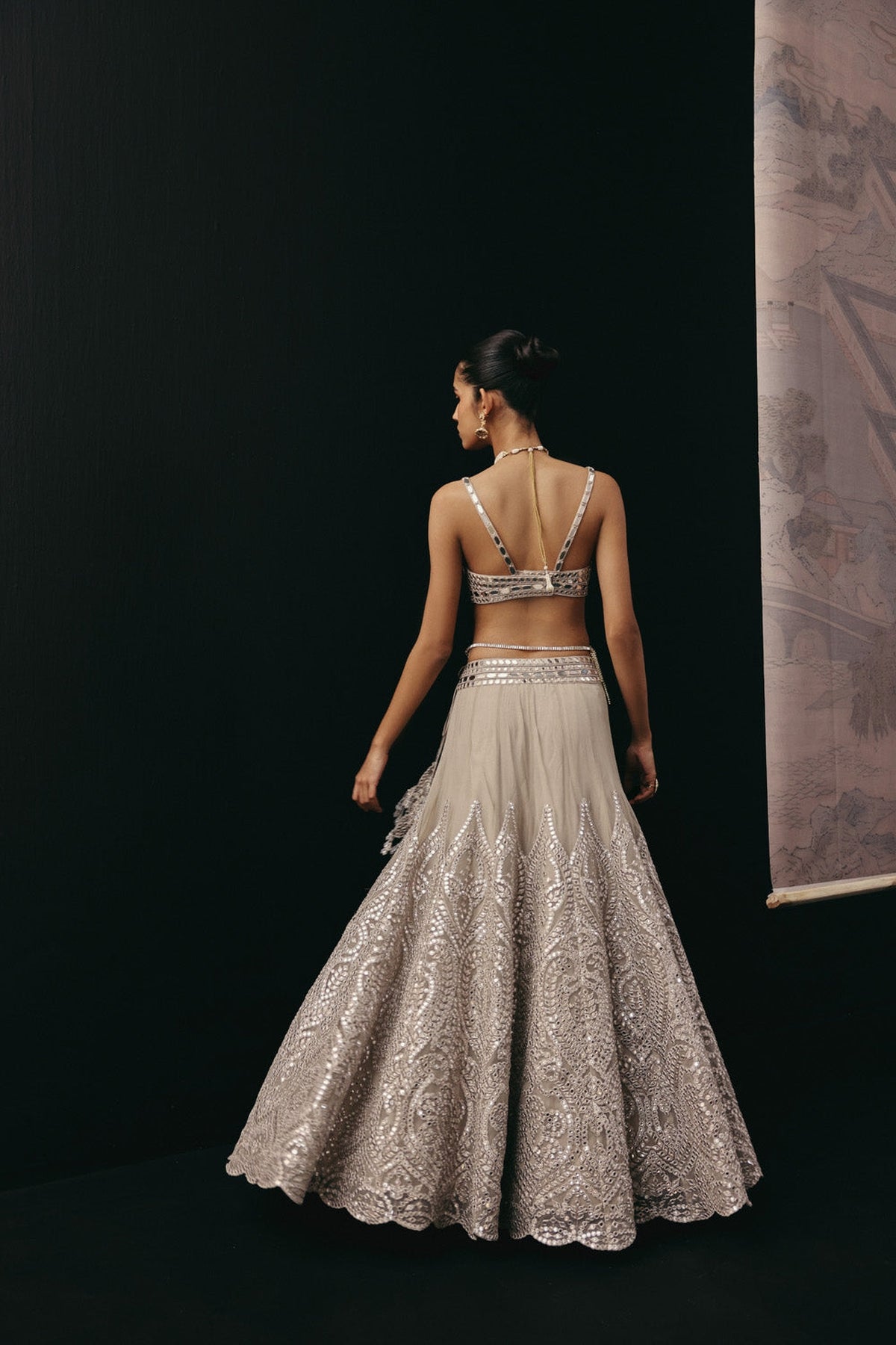 Silver Zari Mirrorwork Lehenga with Cape Sleeves Jacket and Bralette