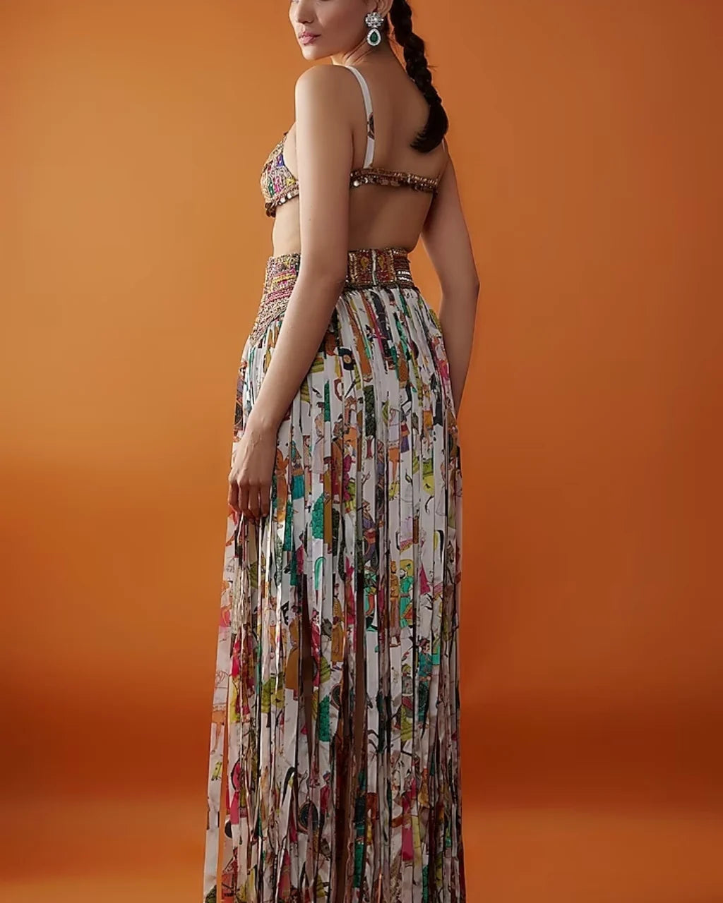 Ivory Crepe Printed Fringe Skirt Set