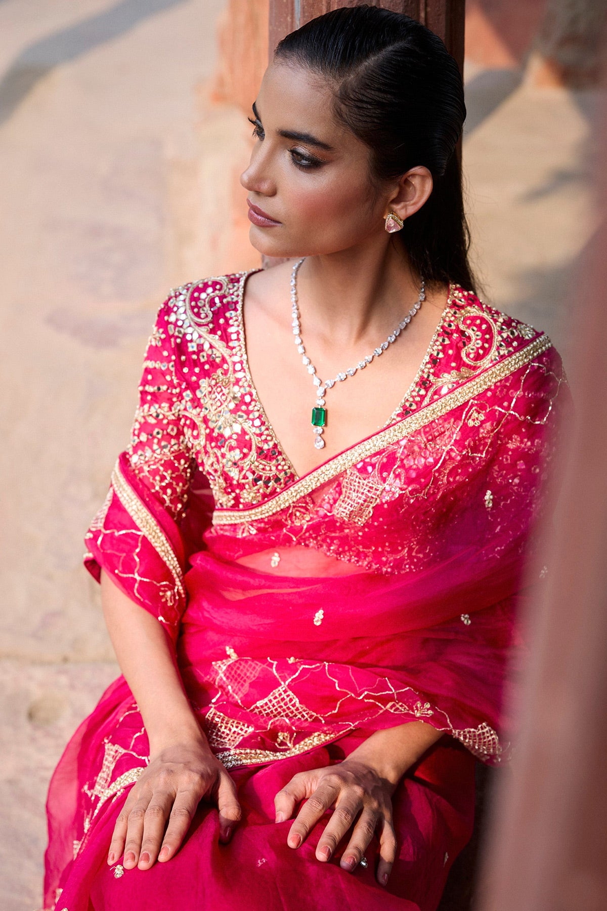 Cranberry Organza Saree Set