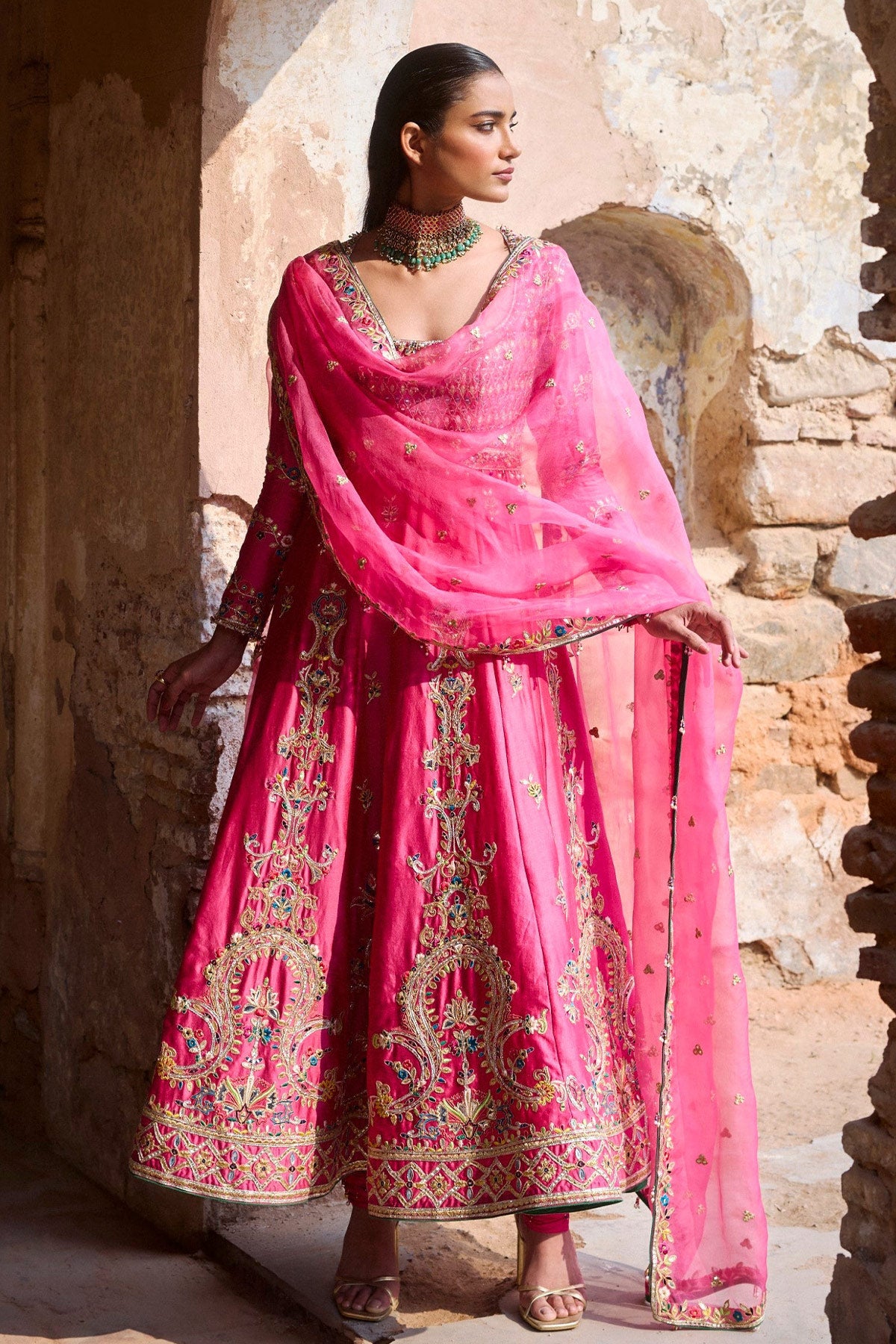 Pink Chanderi Anarkali Set