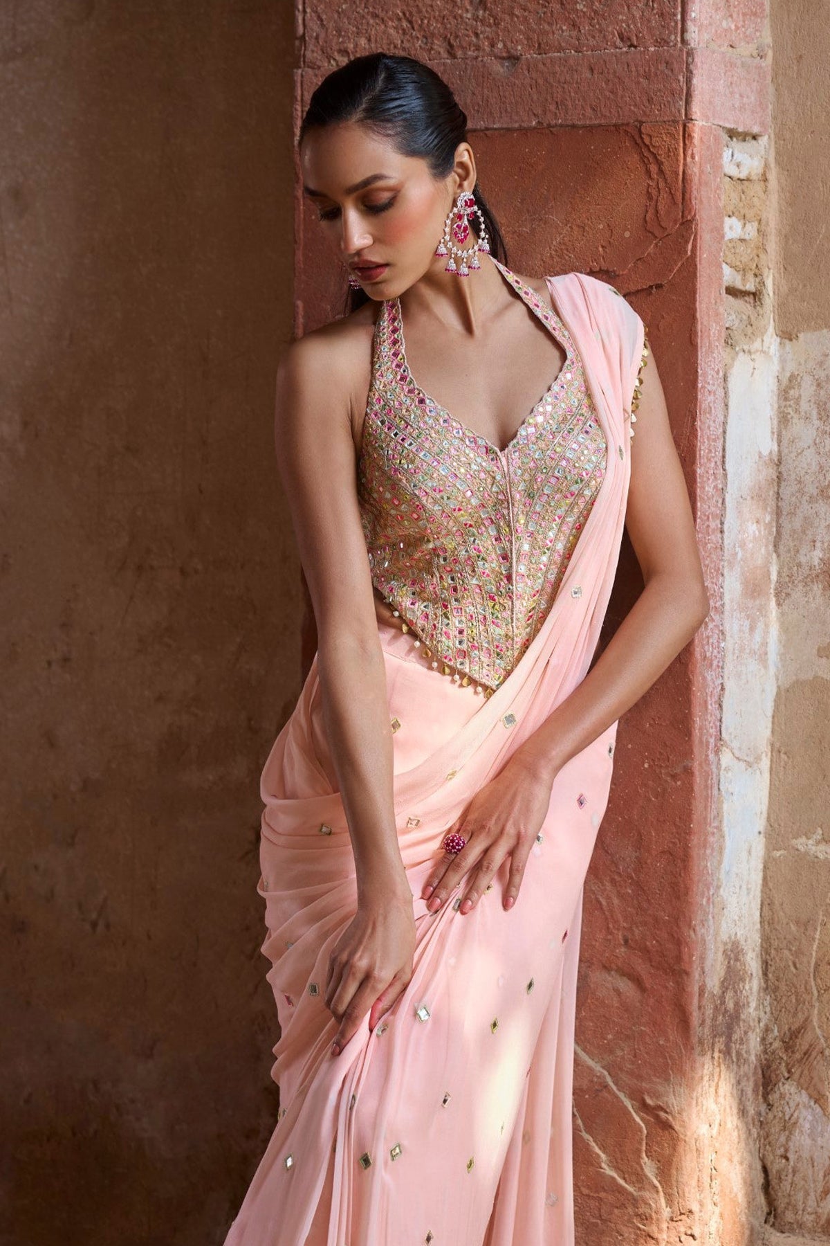 Peach Corset Pre Draped Saree