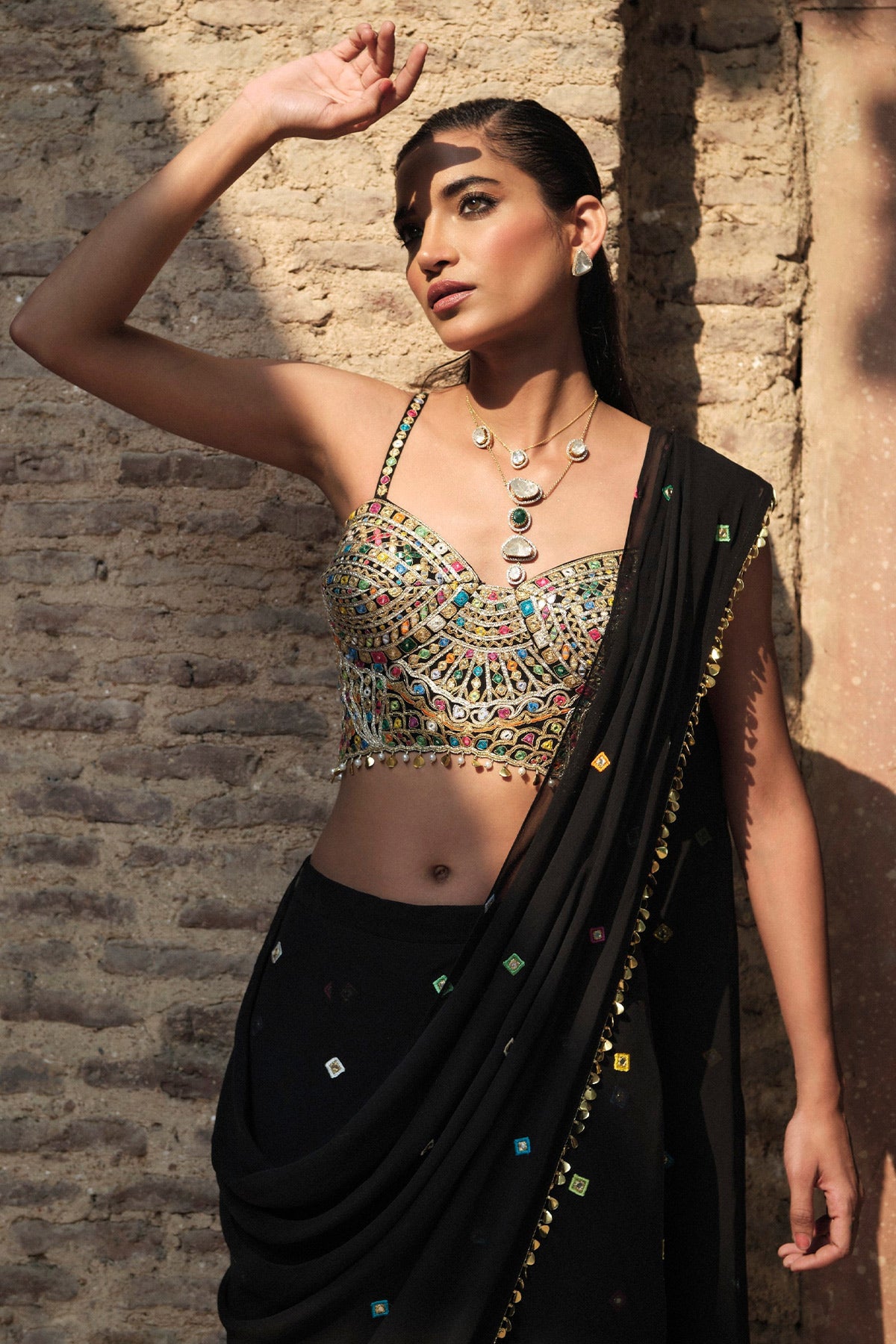 Black Corset Pre Draped Saree Set