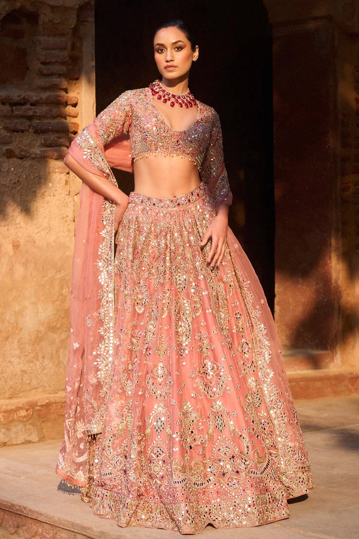 Sunkissed Coral Organza Lehenga Set