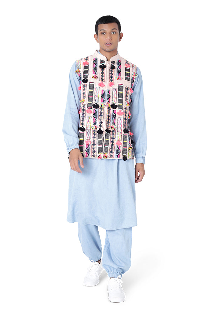 STONE COLOUR DUPION SILK BANDI WITH BLUE COLOUR DENIM BOMBER KURTA AND JOGGER PANT