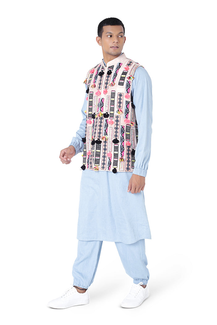 STONE COLOUR DUPION SILK BANDI WITH BLUE COLOUR DENIM BOMBER KURTA AND JOGGER PANT