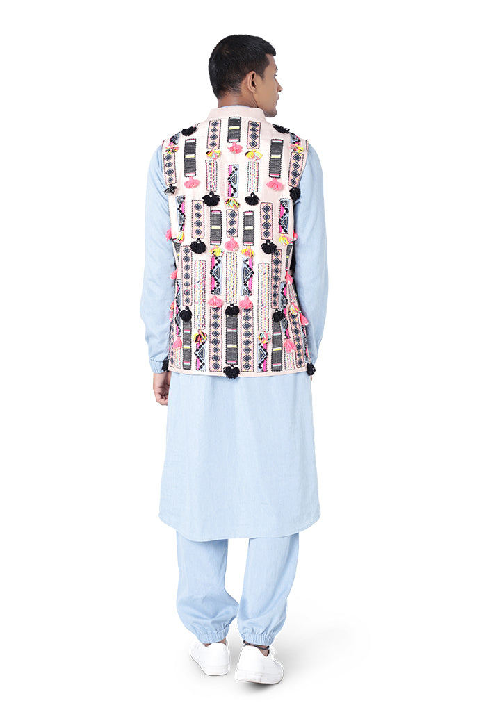 STONE COLOUR DUPION SILK BANDI WITH BLUE COLOUR DENIM BOMBER KURTA AND JOGGER PANT
