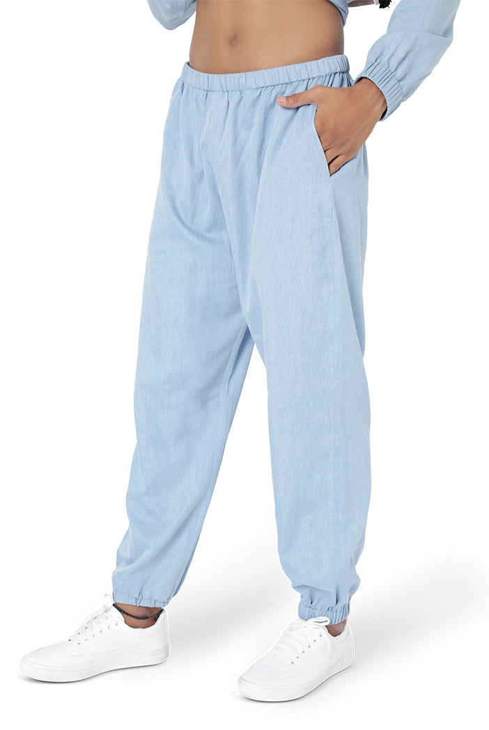 STONE COLOUR DUPION SILK BANDI WITH BLUE COLOUR DENIM BOMBER KURTA AND JOGGER PANT