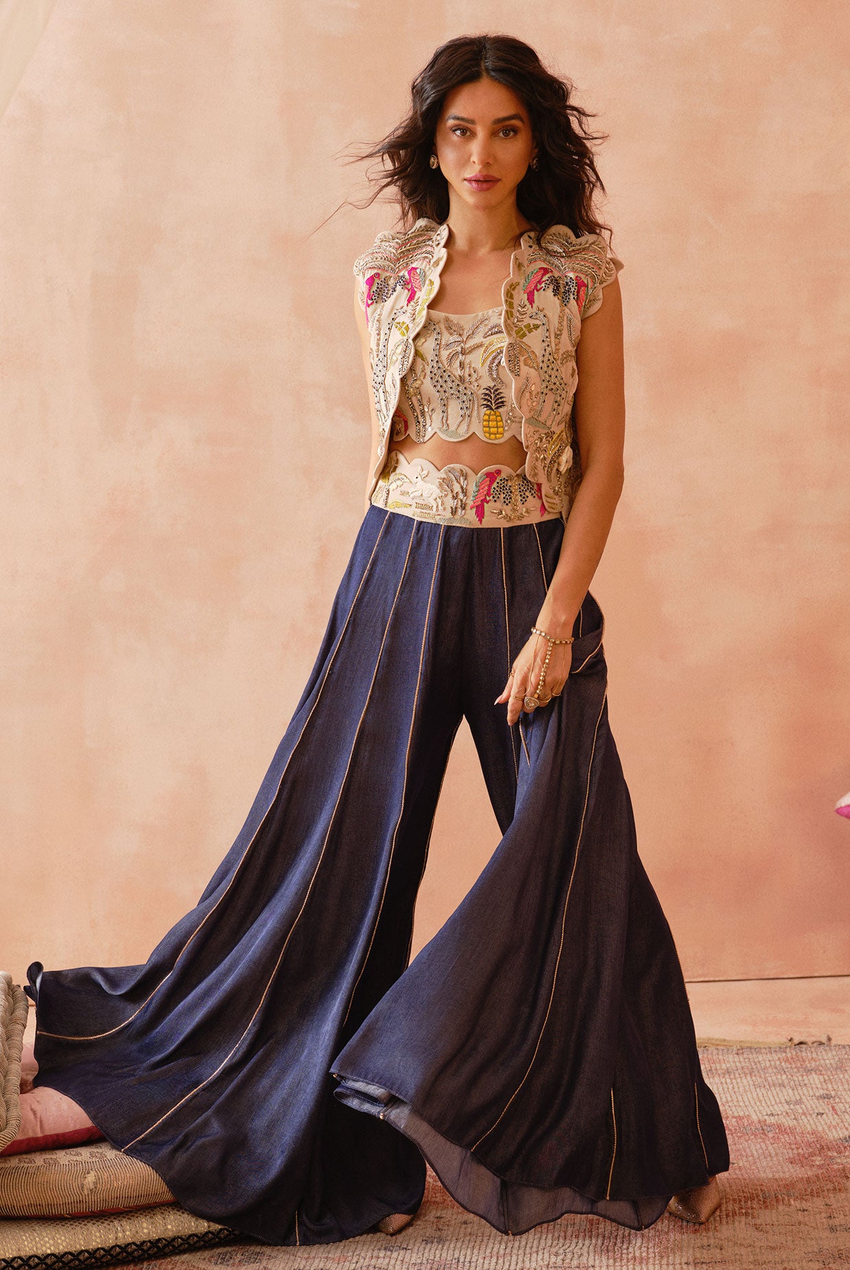 STONE EMBROIDERED JACKET AND BUSTIER WITH DENIM SHARARA