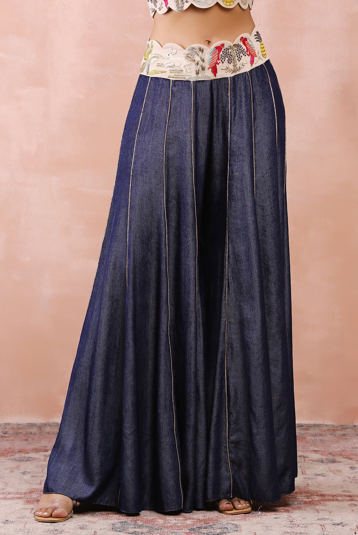 STONE EMBROIDERED JACKET AND BUSTIER WITH DENIM SHARARA