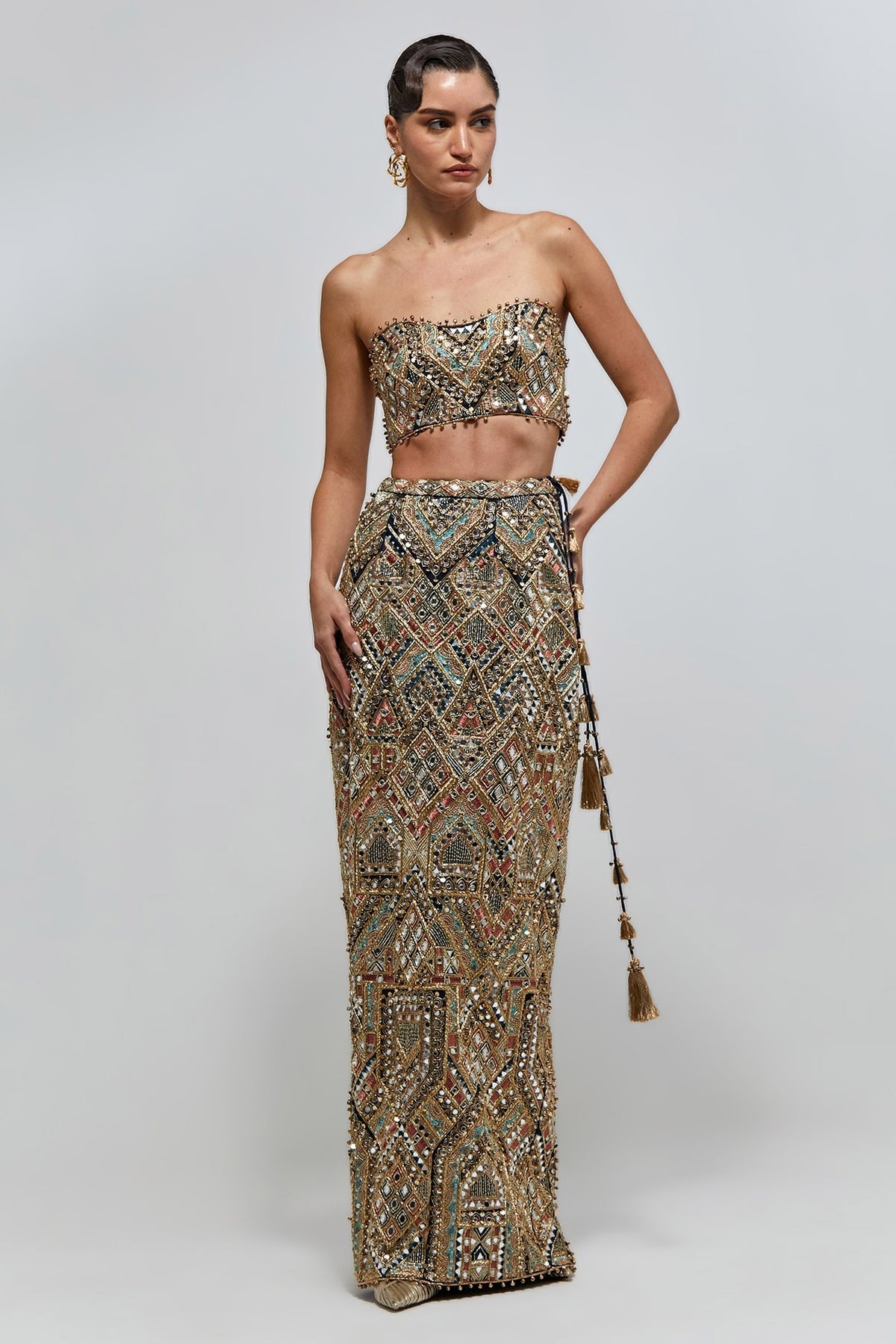 Shahira Navy Blue Georgette Embroidered Bustier And Straight Skirt