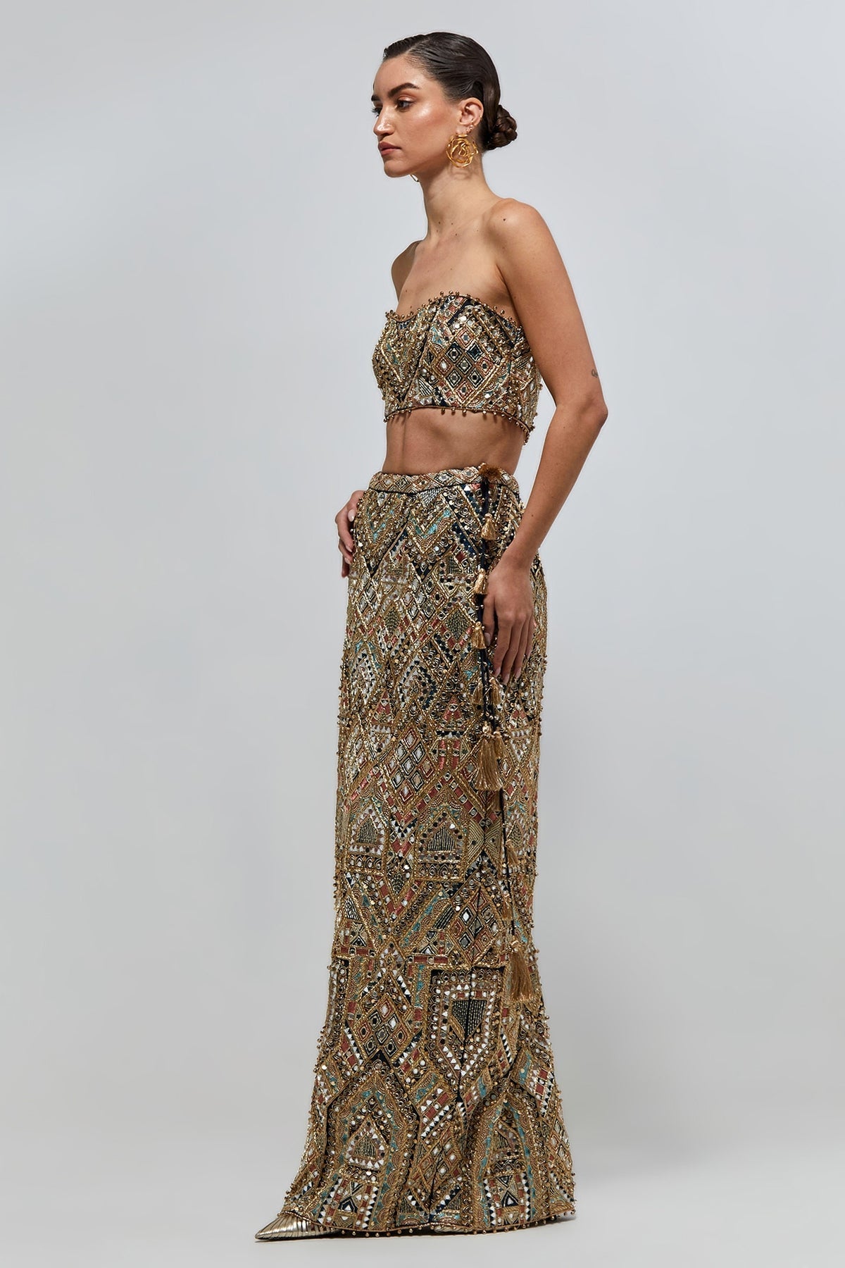 Shahira Navy Blue Georgette Embroidered Bustier And Straight Skirt