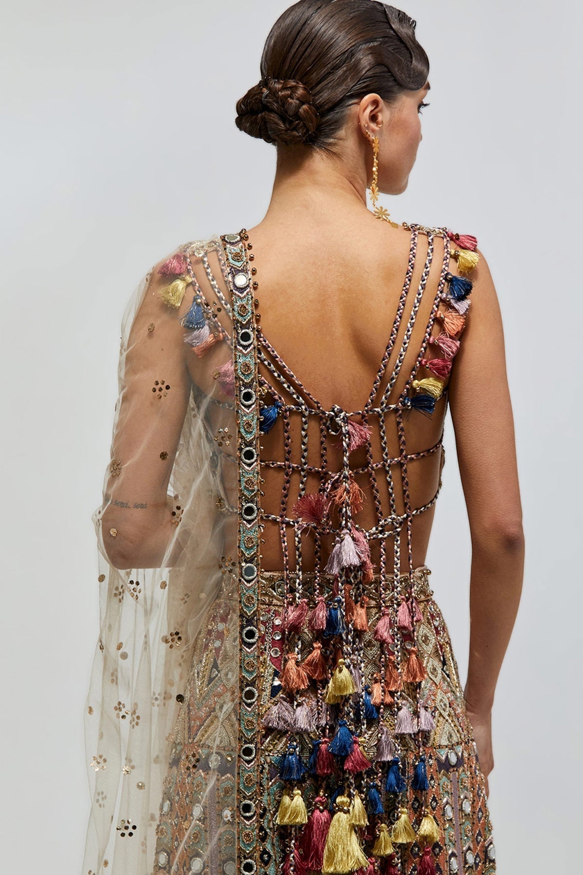 Fariha Champagne Georgette Embroidered Choli With Sharara And Mukaish Net Dupatta