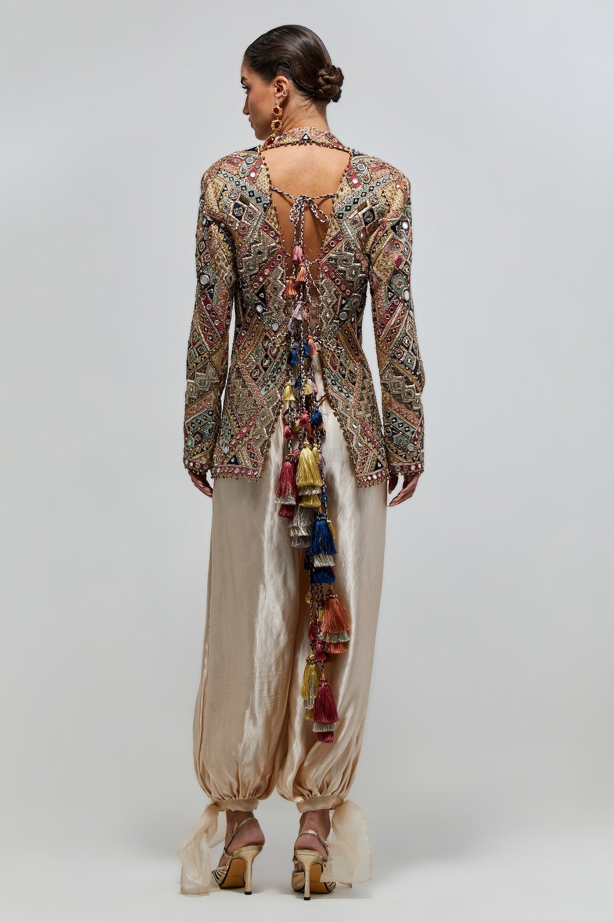 Zeenat Champagne Georgette Embroidered Backless Jacket With Bustier And Balloon Pant