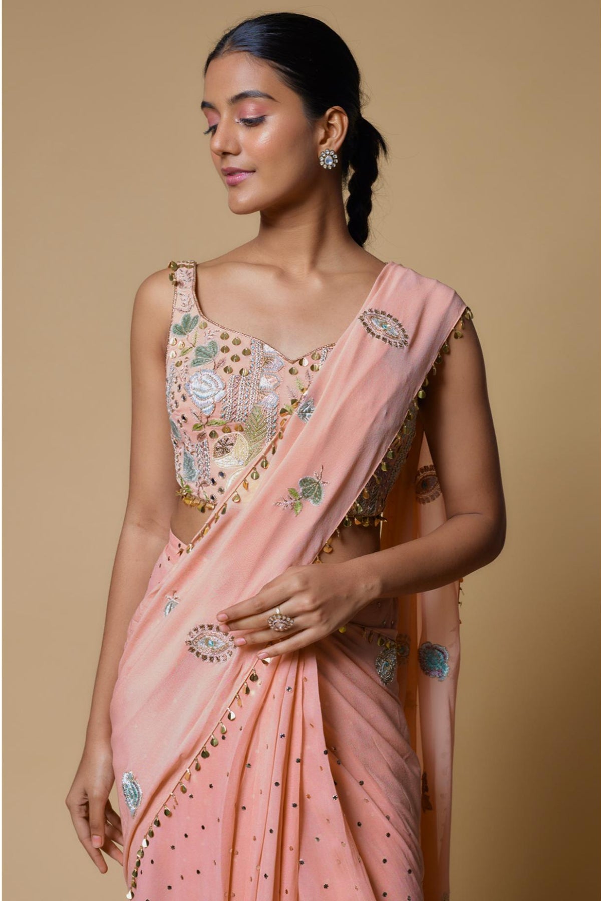 Rose Pink Embroidered Choli With Frill Pre-stitched Saree