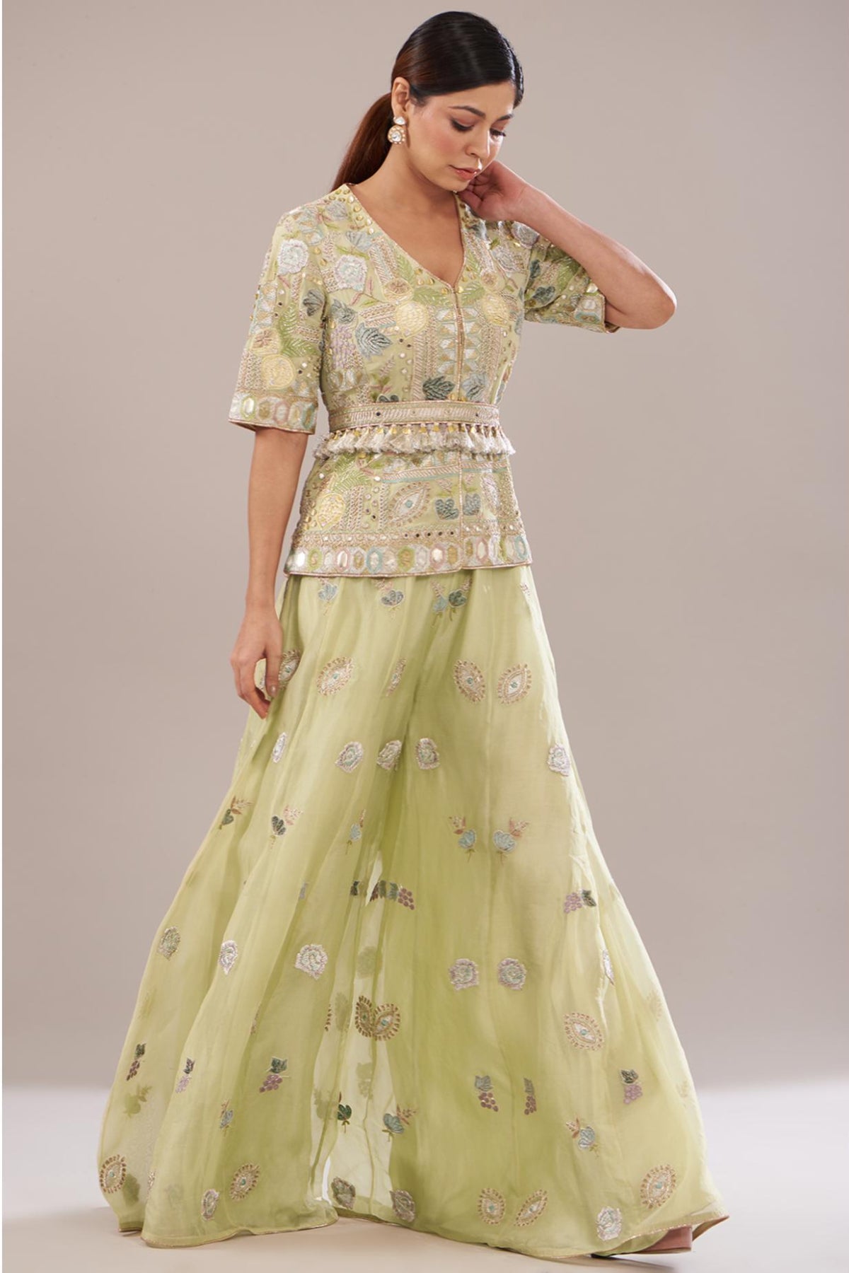 Mint Embroidered Kurta With Belt & Sharara