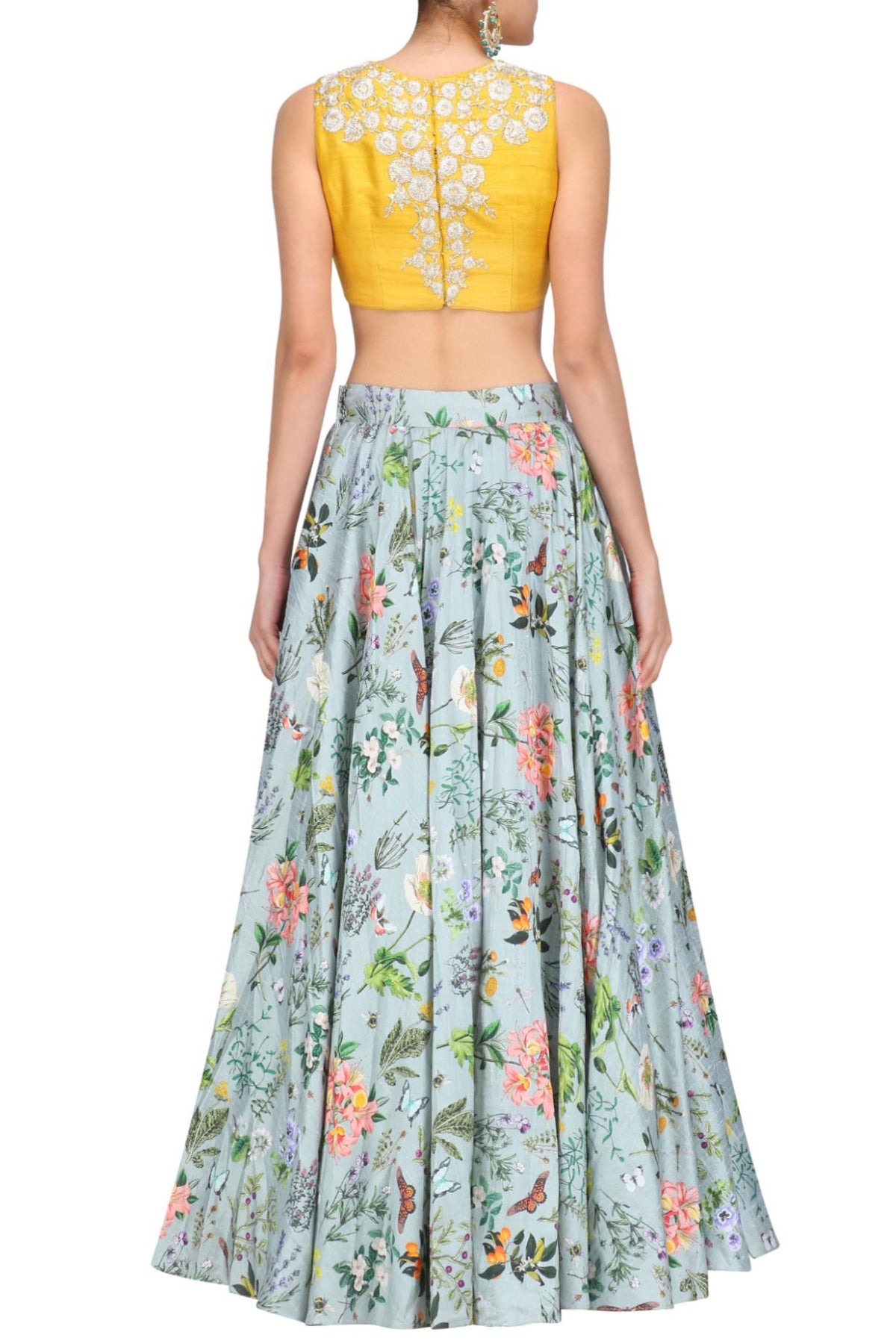 Mustard Yellow Embroidered Choli With Blue Lehenga & Blue Dupatta