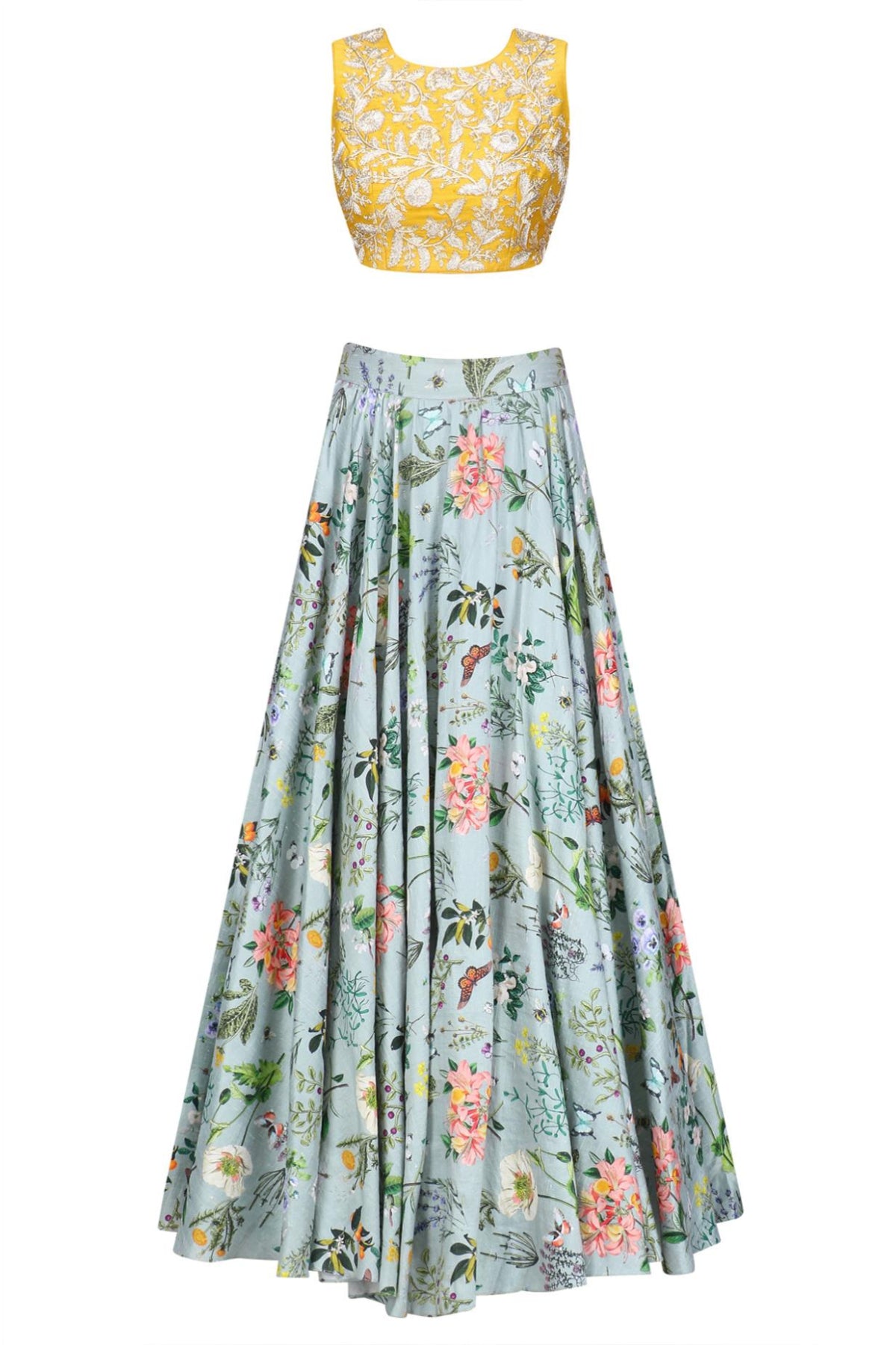 Mustard Yellow Embroidered Choli With Blue Lehenga & Blue Dupatta
