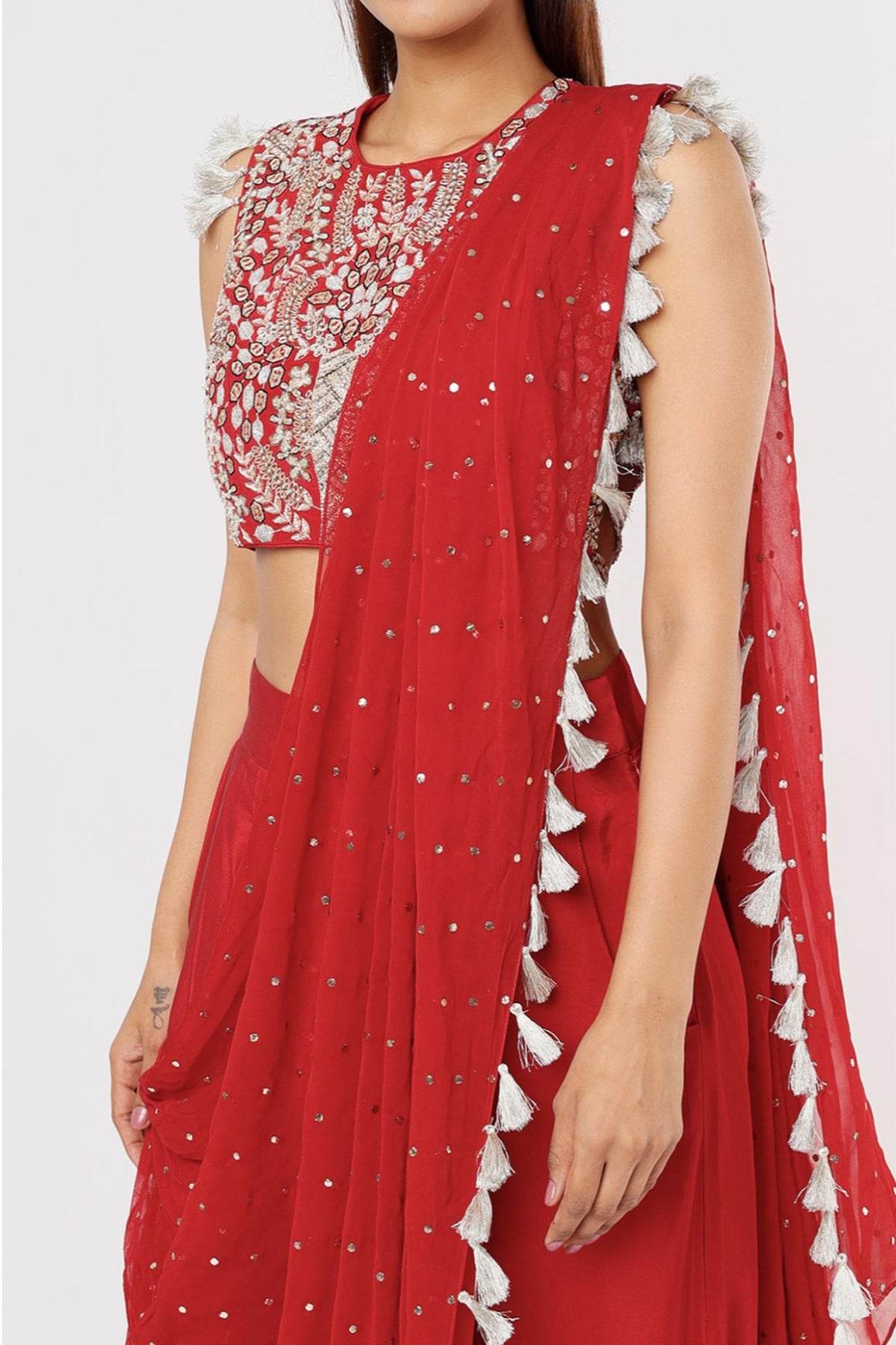 Cherry Red Embroidered Back Tie Up Choli & Low Crotch Pant With Attached Drape