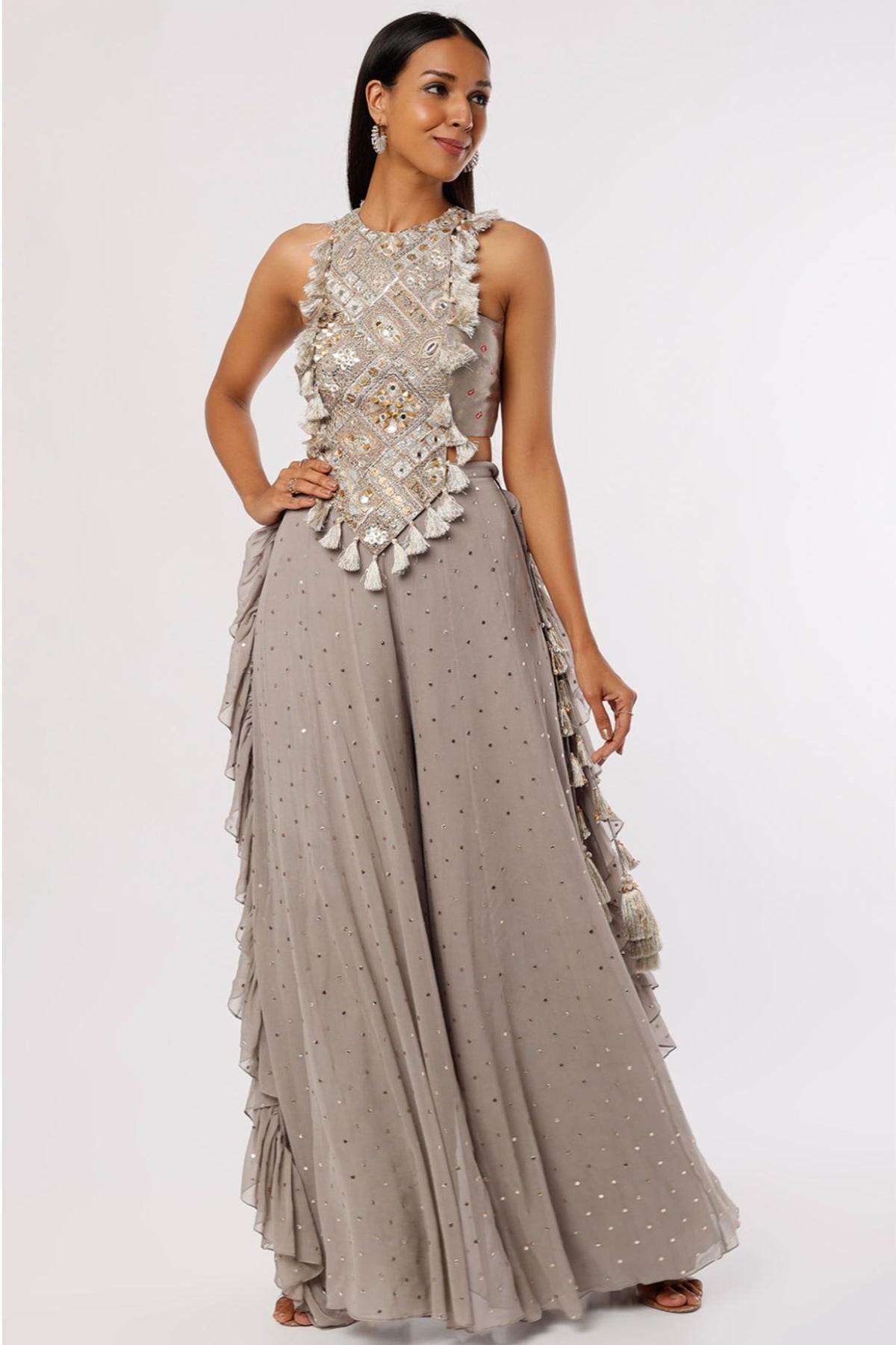 Grey Embroidered Choli & Frill Sharara
