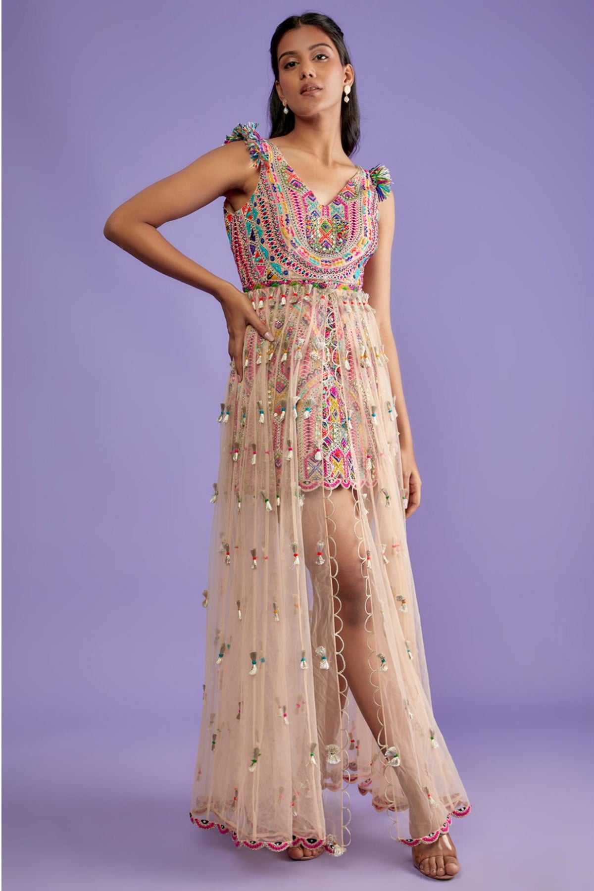 Nude Embroidered Dress With Overlay Tulle Skirt