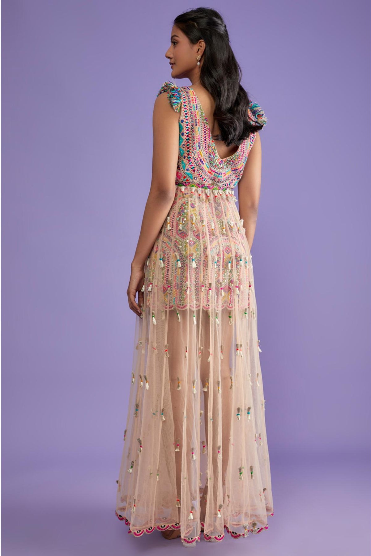 Nude Embroidered Dress With Overlay Tulle Skirt