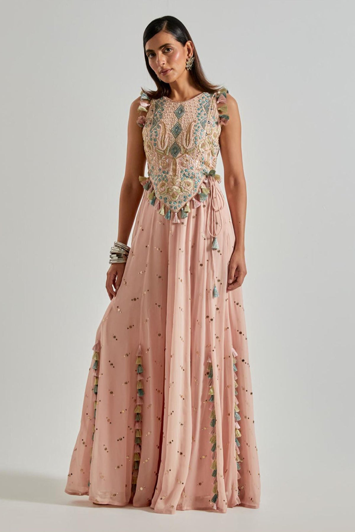 Peachy Pink Choli with Covered Back & Georgette Sharara