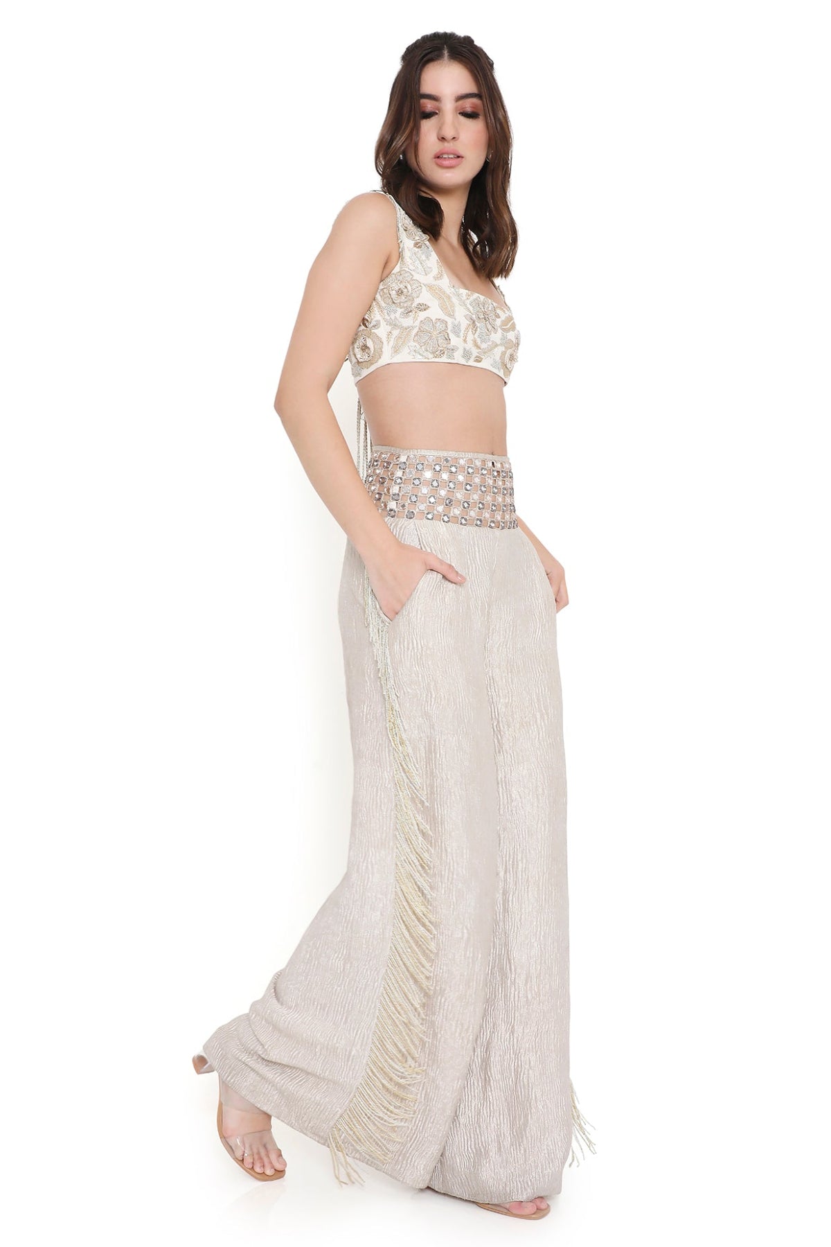 Siesta Off White Embroidered Choli And Pant With Mirror Belt