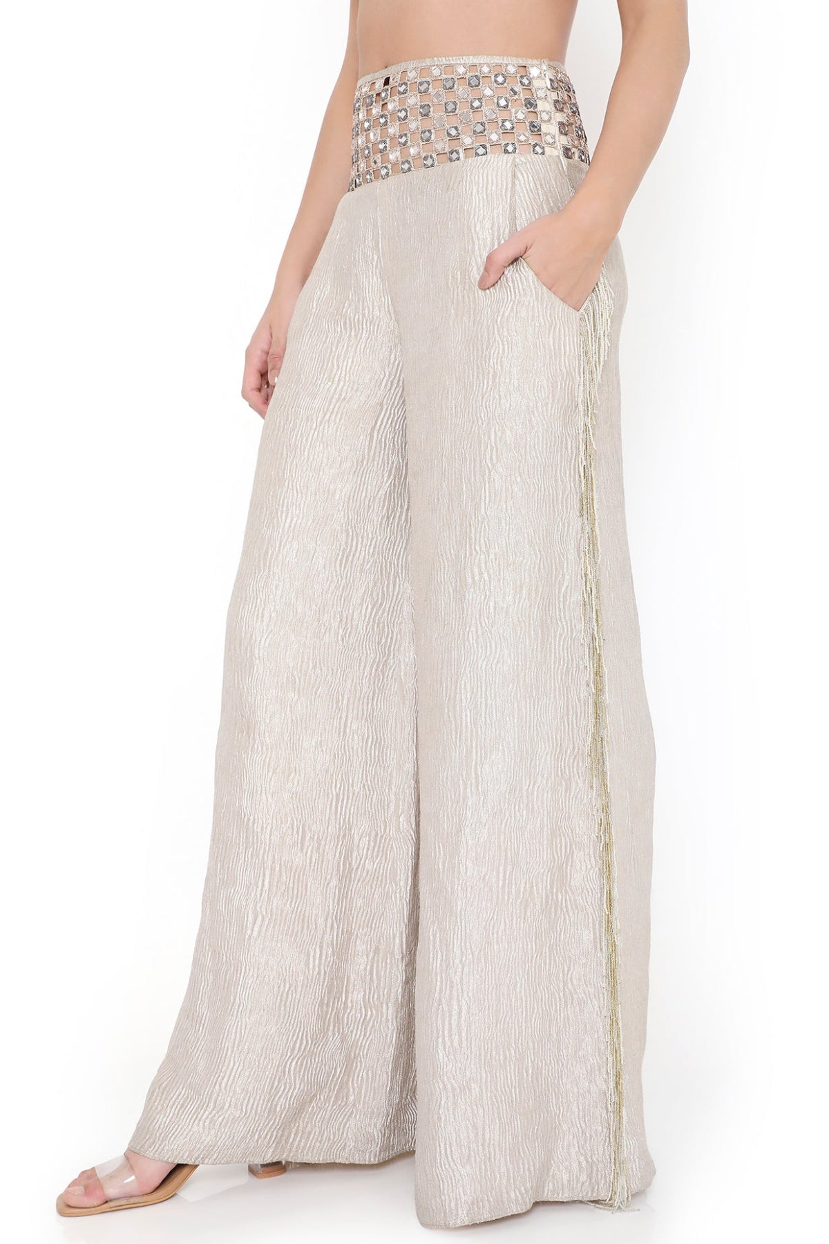 Siesta Off White Embroidered Choli And Pant With Mirror Belt