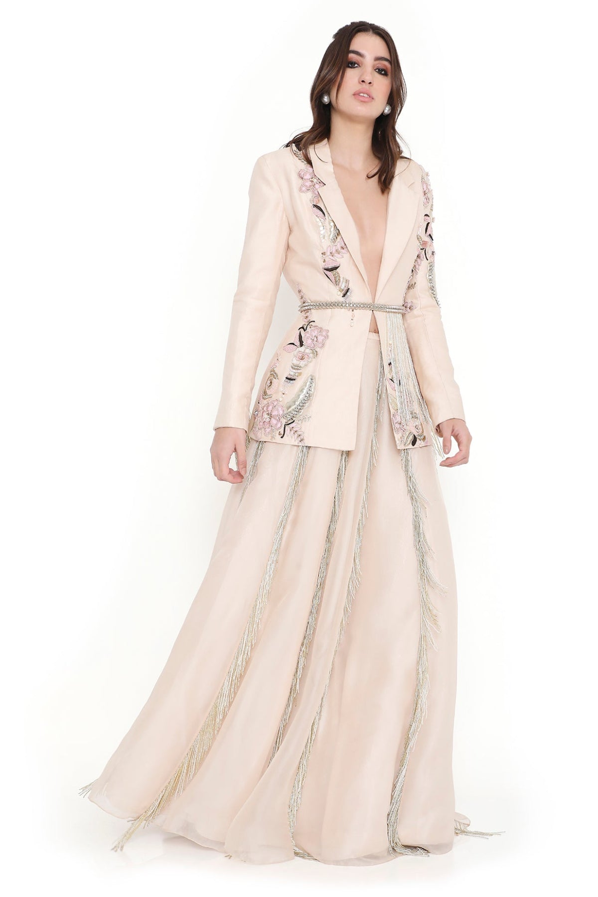 Sera Stone Embroidered Jacket And Lehenga With Hanging Tassels And Embroidered Leather Belt