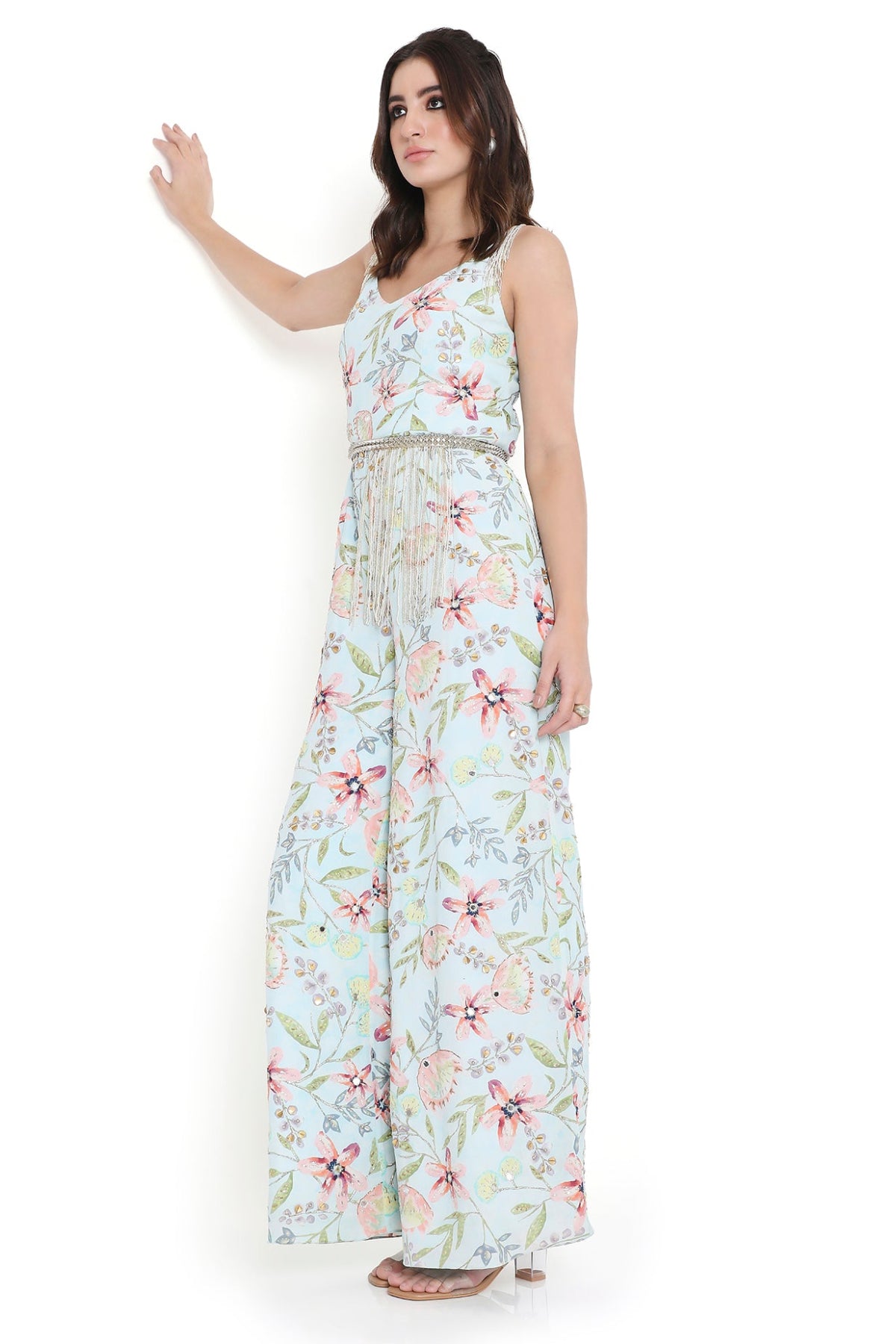 Milana Lavender Dream Print Embroidered Jumpsuit With Embroidered Leather Belt