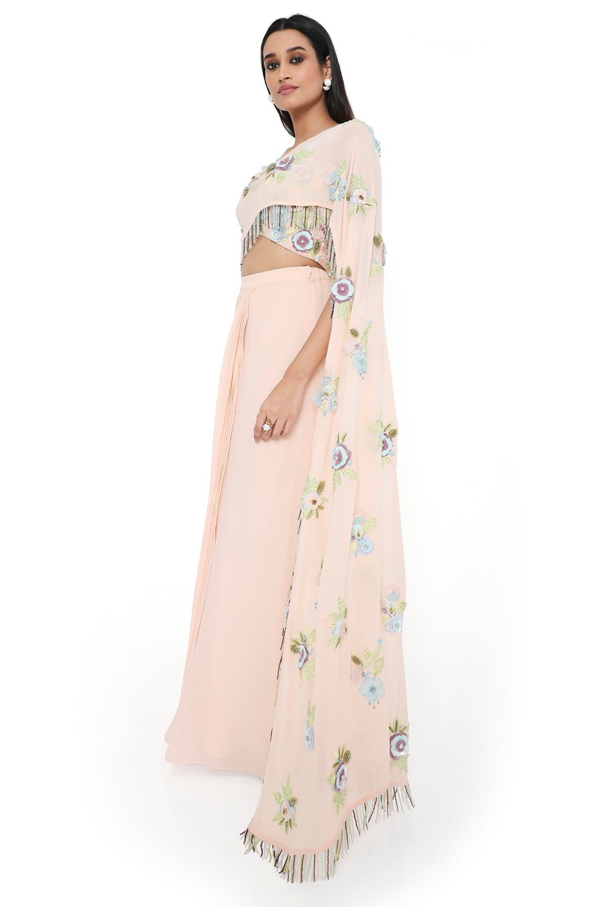 Leona Peach Embroidered Choli With Attached Embroidered Pallu And Pre-stitched Skirt
