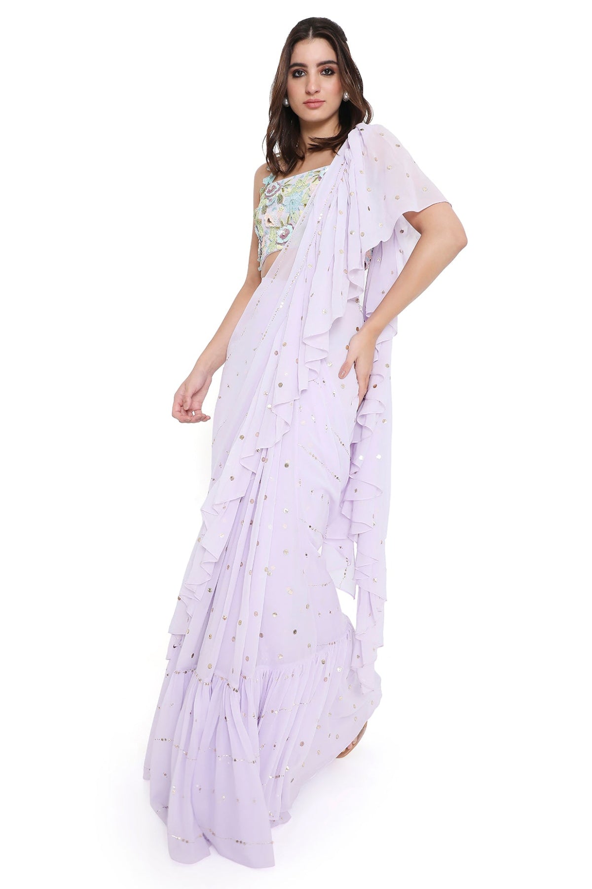 Paola Lavender Embroidered Choli With Pre-stitched Ruffle Saree